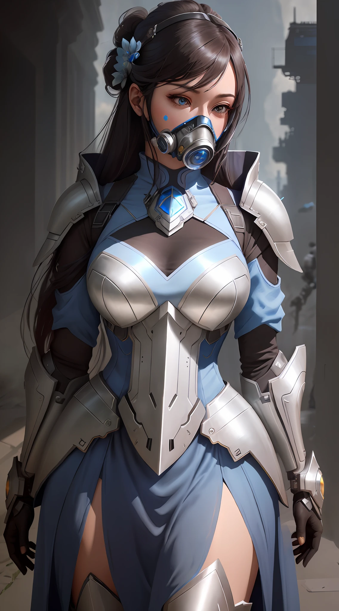 a close up of a woman using gas mask in a silver and blue dress, chengwei pan on artstation, by Yang J, detailed fantasy art, stunning character art, fanart best artstation, epic exquisite character art, beautiful armor, extremely detailed artgerm, detailed digital anime art, artgerm on artstation pixiv, armor girl