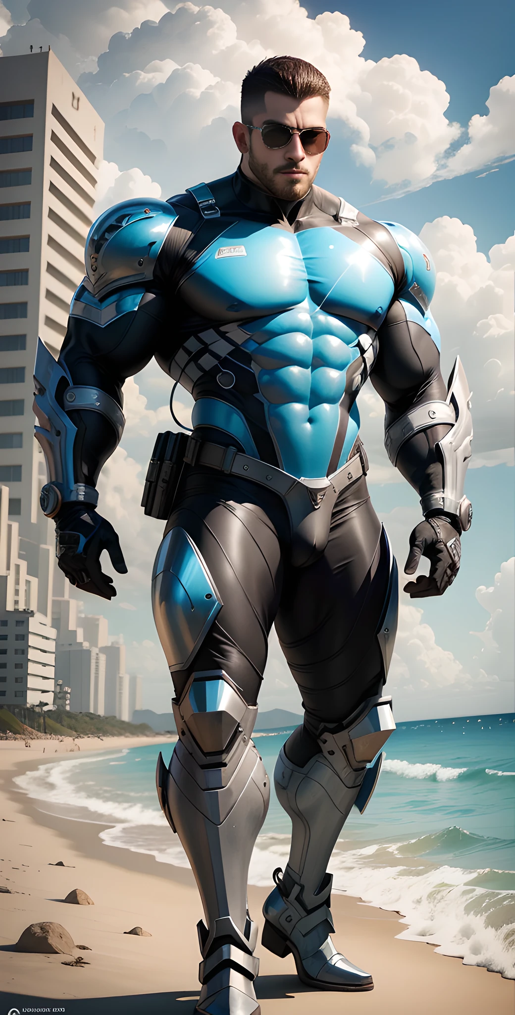 Arad man in white and blue clothes standing by the sunny sea, muscular male hero, conceptual art like Ernest Khalimov, heroic male pose, muscular! Wearing black sunglasses, round head Buzz Cut, cyberpunk, stealth suit, super buff and cool, high resolution commission, Chris Redfield, crystal water ring special effects around wrist, Jigachard muscle, Ernest Khalimov body, character design police, black military boots, charismatic strong male with armor