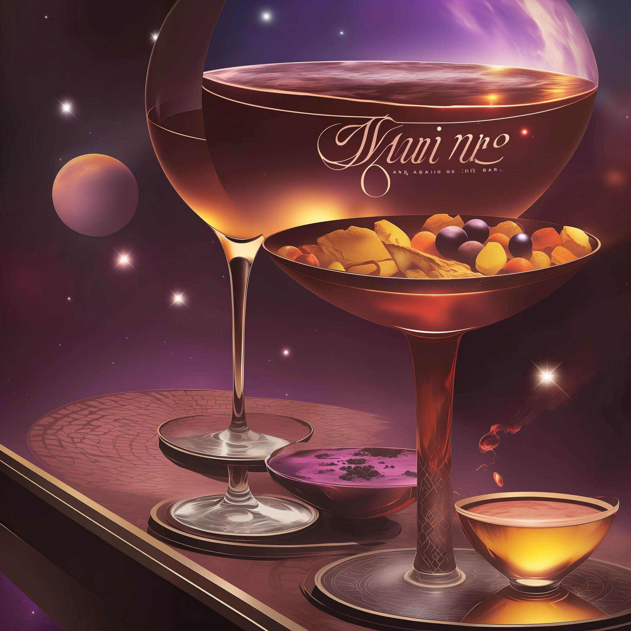A promotion poster at a luxury bar, background is the land of Mars, a bottle of premium wine placed in the center, close-up of a banquet table raising a glass, surrounded by hands holding wine glasses, the main color is charcoal purple, the secondary color is black, the image shows the fun of the elite, poster background is space on another planet