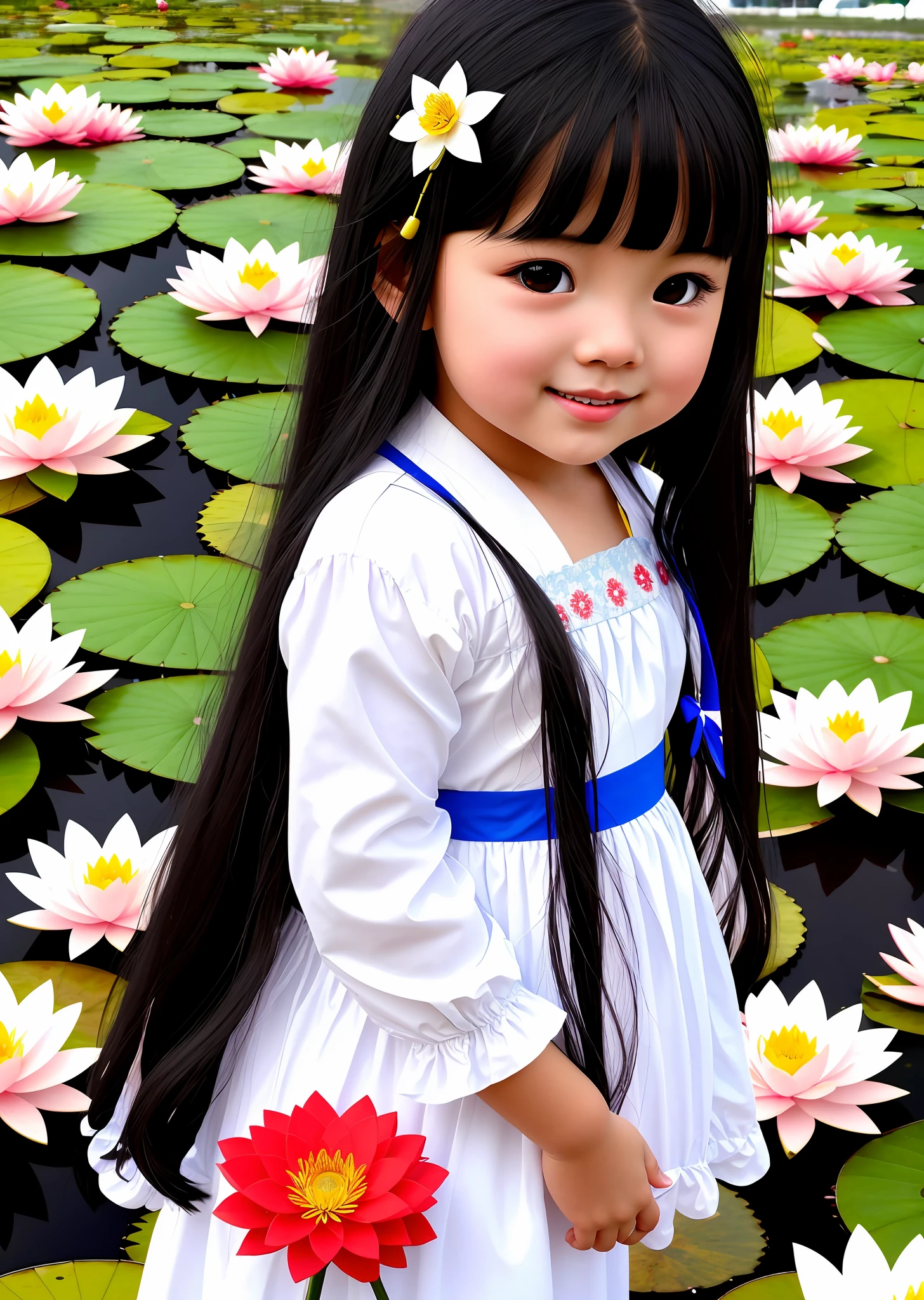 so so cute 4 years baby girl.black color long hair. Beautiful eyes.red color lips.white skin.smile face. she holding white lotus flowers in her hand.there are many colorful lotus flowers around her. a  in a blue long dress .