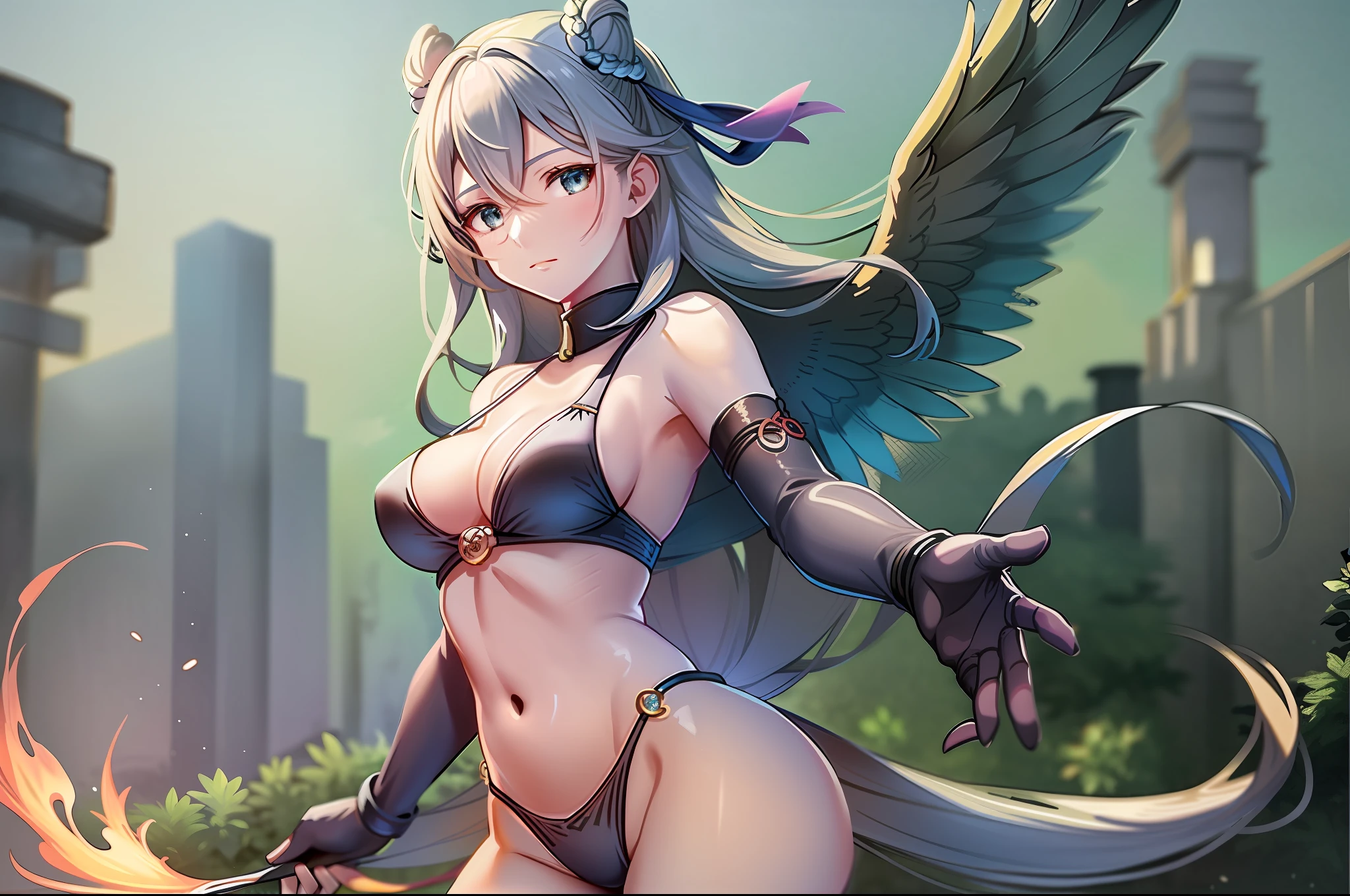 Cute girl, swimsuit, ancient style, taijitu, yin and yang, phoenix next to it, sword, cute, exquisite, faint fog, wind, aesthetic, fantasy, dream, magic, magnificent imagination, high resolution, super delicate, two-dimensional, masterpiece, best quality