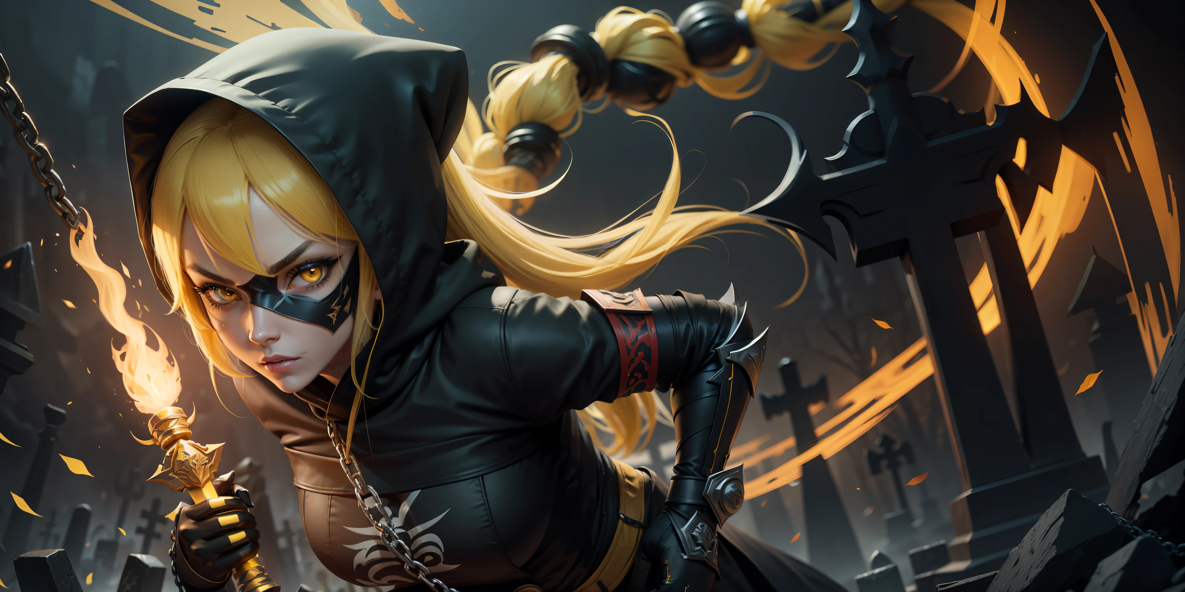 A full-body shot of Princess Zelda, yellow hair, yellow eyes, dressed as a Ninja in black+neon yellow with a black mask and hood with yellow details, XL bust, holding a flaming Kunai attached to a chain. Background: ghoulish cemetery at night with fog. Mortal Kombat, Unreal Engine 5, Anime, Anime style, Masterpiece, Well drawn eyes, well drawn face, well detailed eyes, well detailed face, 8k, light and shadow effect