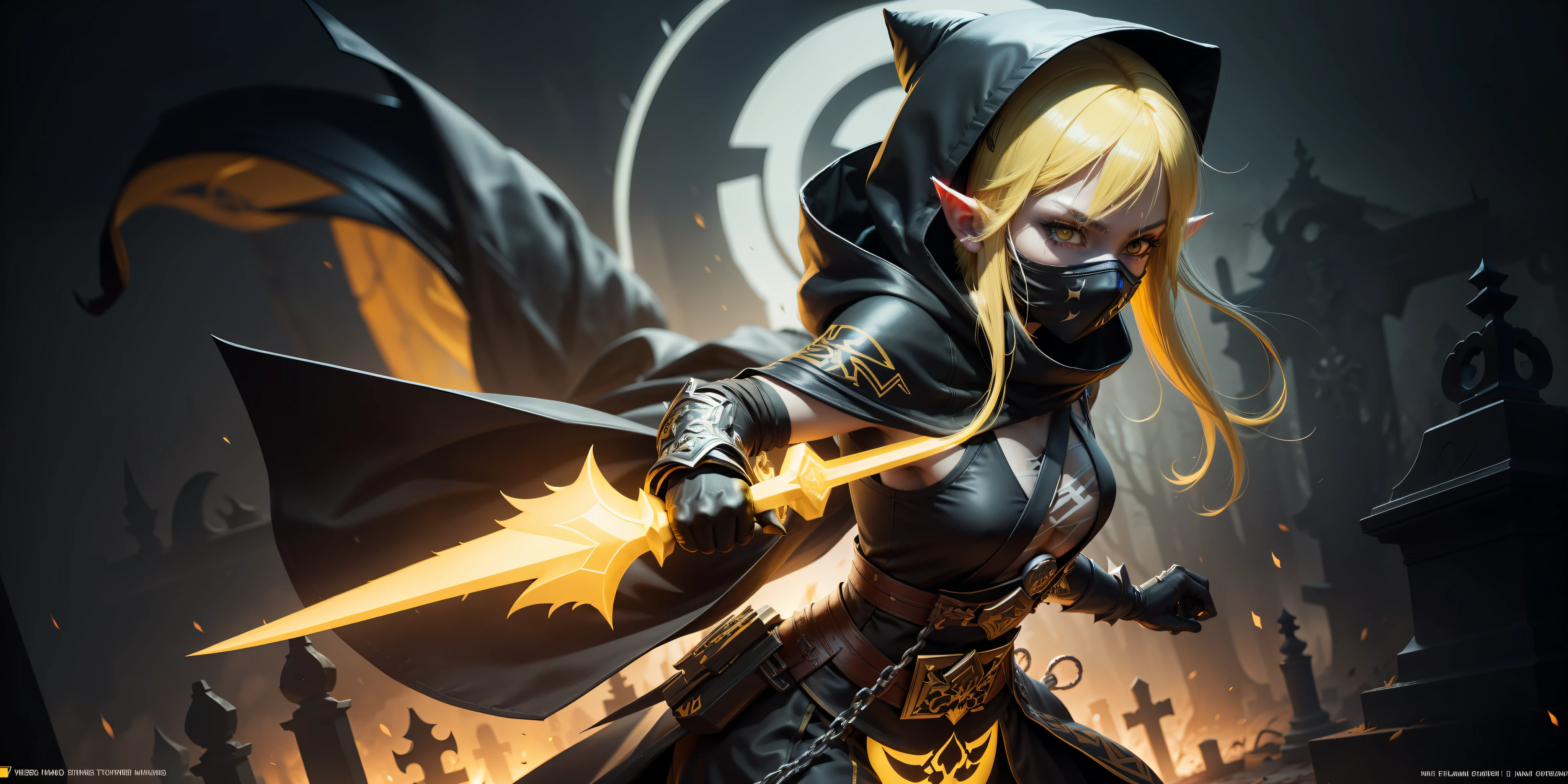 A full-body shot of Princess Zelda, yellow hair, yellow eyes, dressed as a Ninja in black+neon yellow with a black mask and hood with yellow details, XL bust, holding a flaming Kunai attached to a chain. Background: ghoulish cemetery at night with fog. Mortal Kombat, Unreal Engine 5, Anime, Anime style, Masterpiece, Well drawn eyes, well drawn face, well detailed eyes, well detailed face, 8k, light and shadow effect