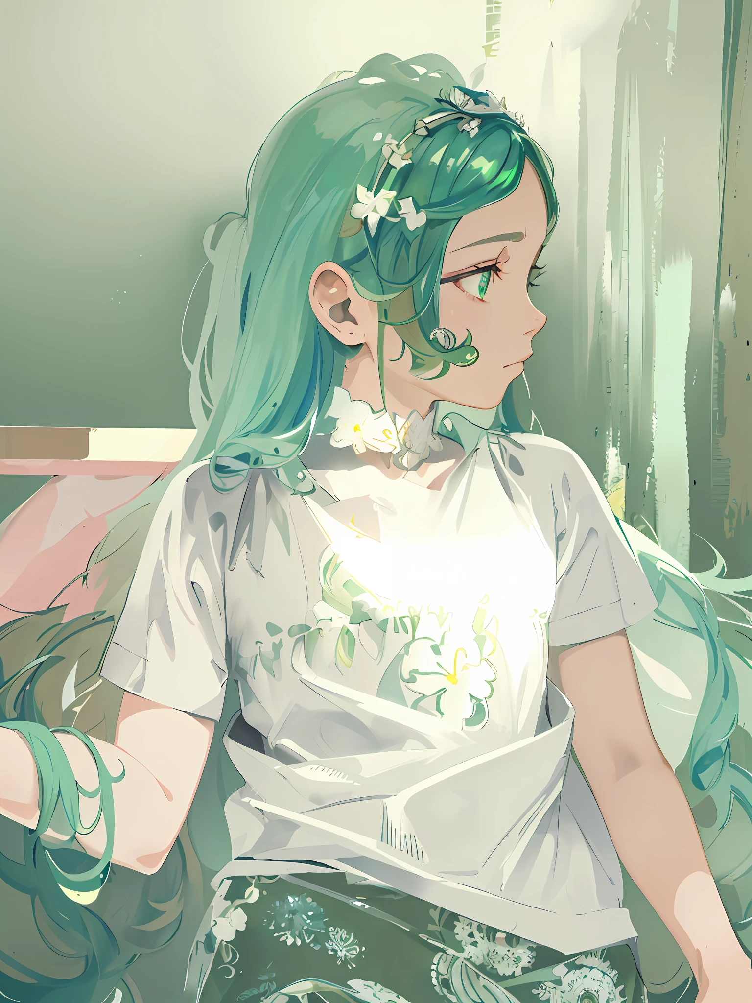 (((masterpiece))),(((bestquality))),((ultra-detailed)),(illustration),((anextremelydelicateandbeautiful)),dynamicangle,floating,(beautifuldetailedeyes),(detailedlight) (1girl), solo , floating_hair,glowingeyes,green hair,greeneyes, twintails, halterdress, atdan, film grain, border, framed, rounded corners, lens flare, f/1.8, retina