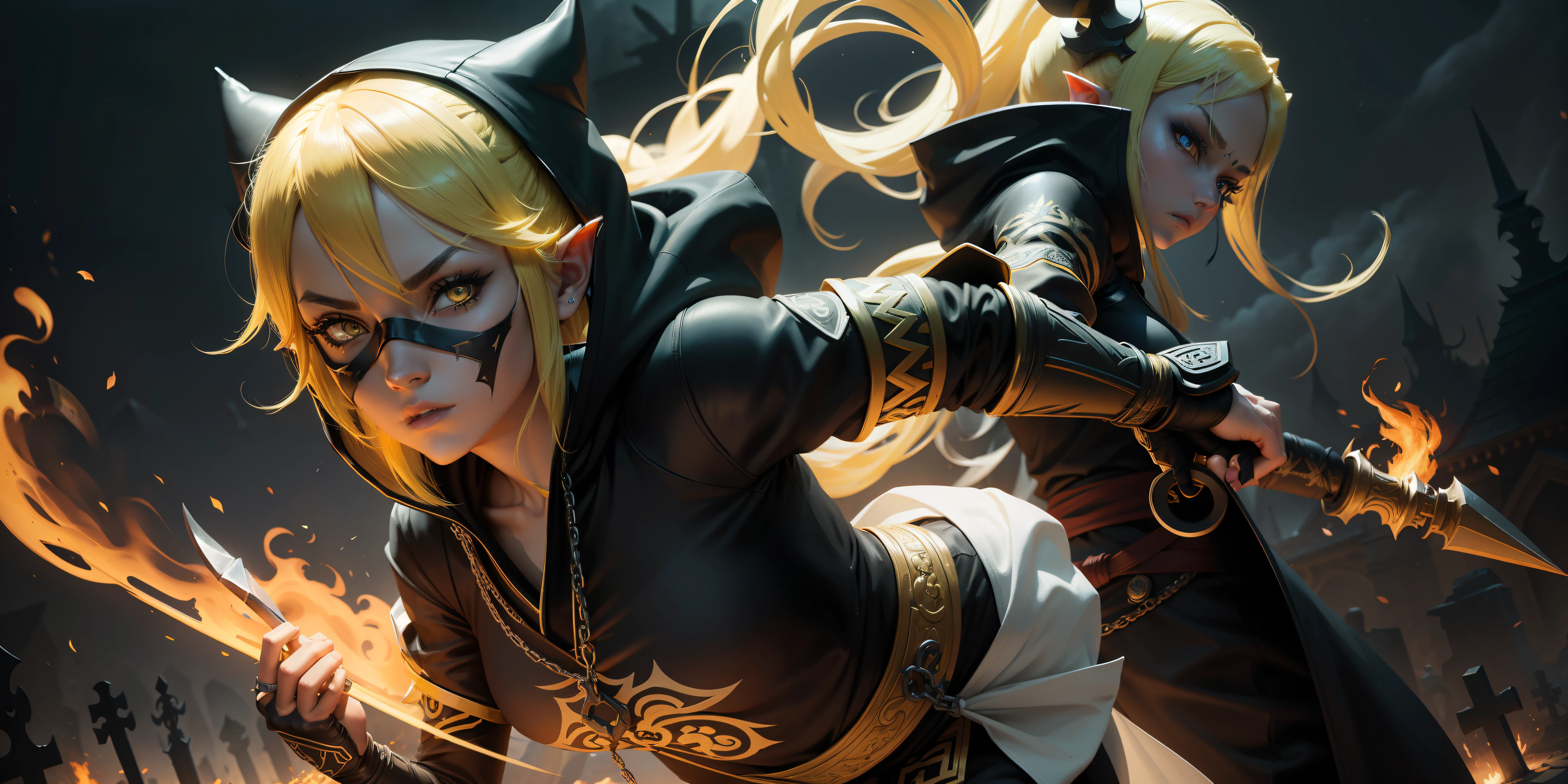 A full-body shot of Princess Zelda, yellow hair, yellow eyes, dressed as a Ninja in black+neon yellow with a black mask and hood with yellow details, XL bust, holding a flaming Kunai attached to a chain. Background: ghoulish cemetery at night with fog. Mortal Kombat, Unreal Engine 5, Anime, Anime style, Masterpiece, Well drawn eyes, well drawn face, well detailed eyes, well detailed face, 8k, light and shadow effect