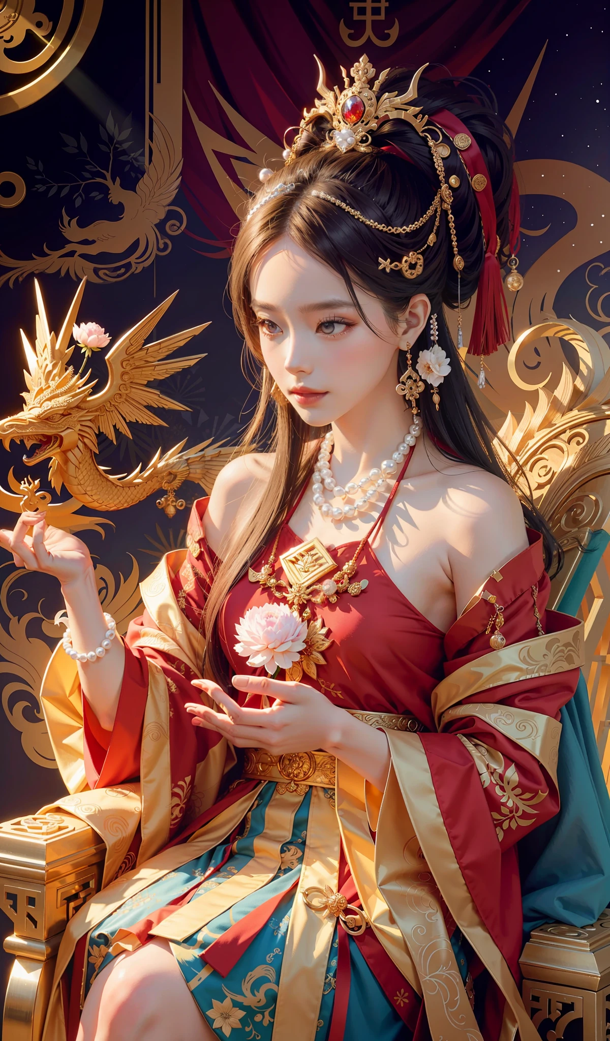 Empress Dowager Cixi, in the main hall of the Forbidden City, sitting on a dragon chair, wearing a dragon robe, with an armor cover, with a pearl necklace, majestic, realistic, real person, delicate face, extremely detailed eyes, masterpiece, top quality, best quality, official art, light patterns, eye-catching visual effects, with a sea of peonies and phoenixes in the background