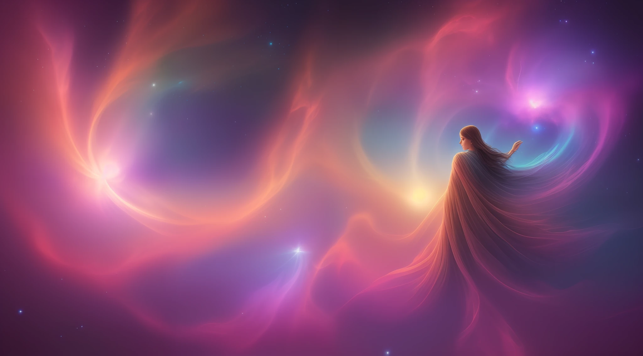 inconceivable and spectacular a scene of emergence of a figure from the glowing cloud, fractal nebula threads, cosmic entities, celestial, cosmic, vibrant and vivid, swirls, twirling, unrealistic, high contrast, symobolism, magical, mystical, mystifying, hyperrealistic, oversaturate, colorfully