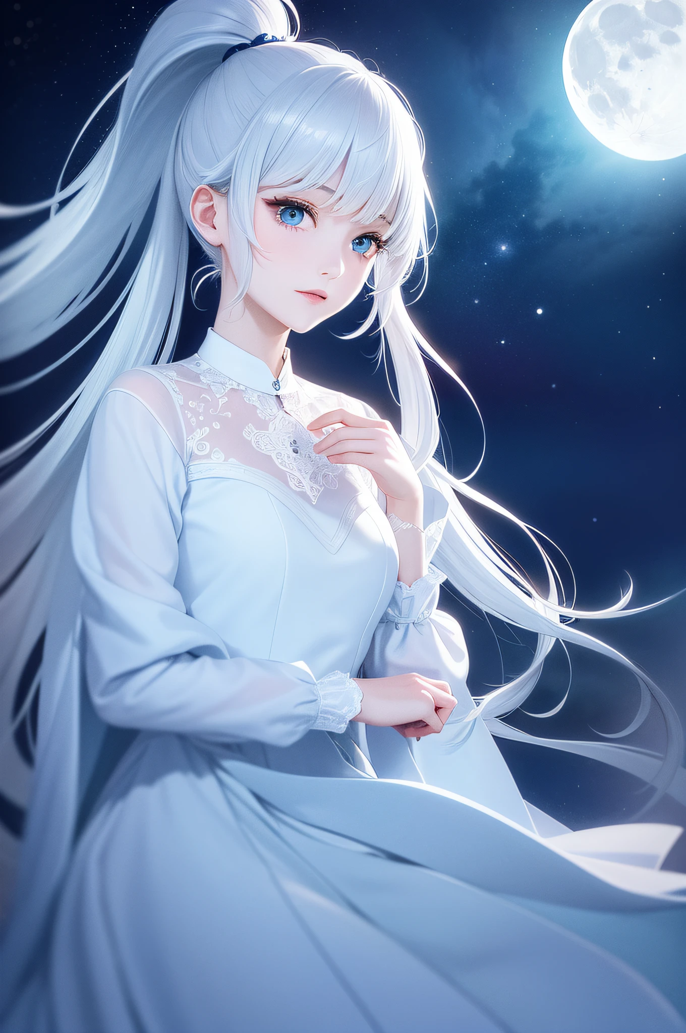 A woman with long white hair and blue eyes standing in front of a full ...