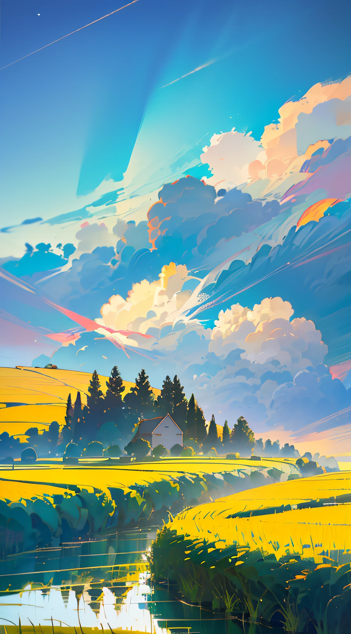 Rows of houses in the countryside, big clouds, blue sky, rice fields, neat rice seedlings in the fields, forests, hillsides, secluded, countryside, HD detail, hyper-detail, cinematic, surrealism, soft light, deep field focus bokeh, ray tracing and surrealism. --v6