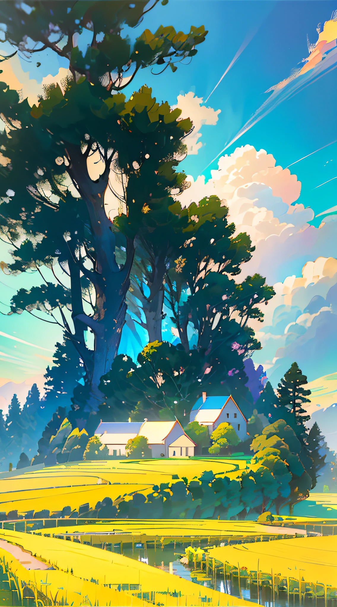 Rows of houses in the countryside, big clouds, blue sky, rice fields, neat rice seedlings in the fields, forests, hillsides, secluded, countryside, HD detail, hyper-detail, cinematic, surrealism, soft light, deep field focus bokeh, ray tracing and surrealism. --v6