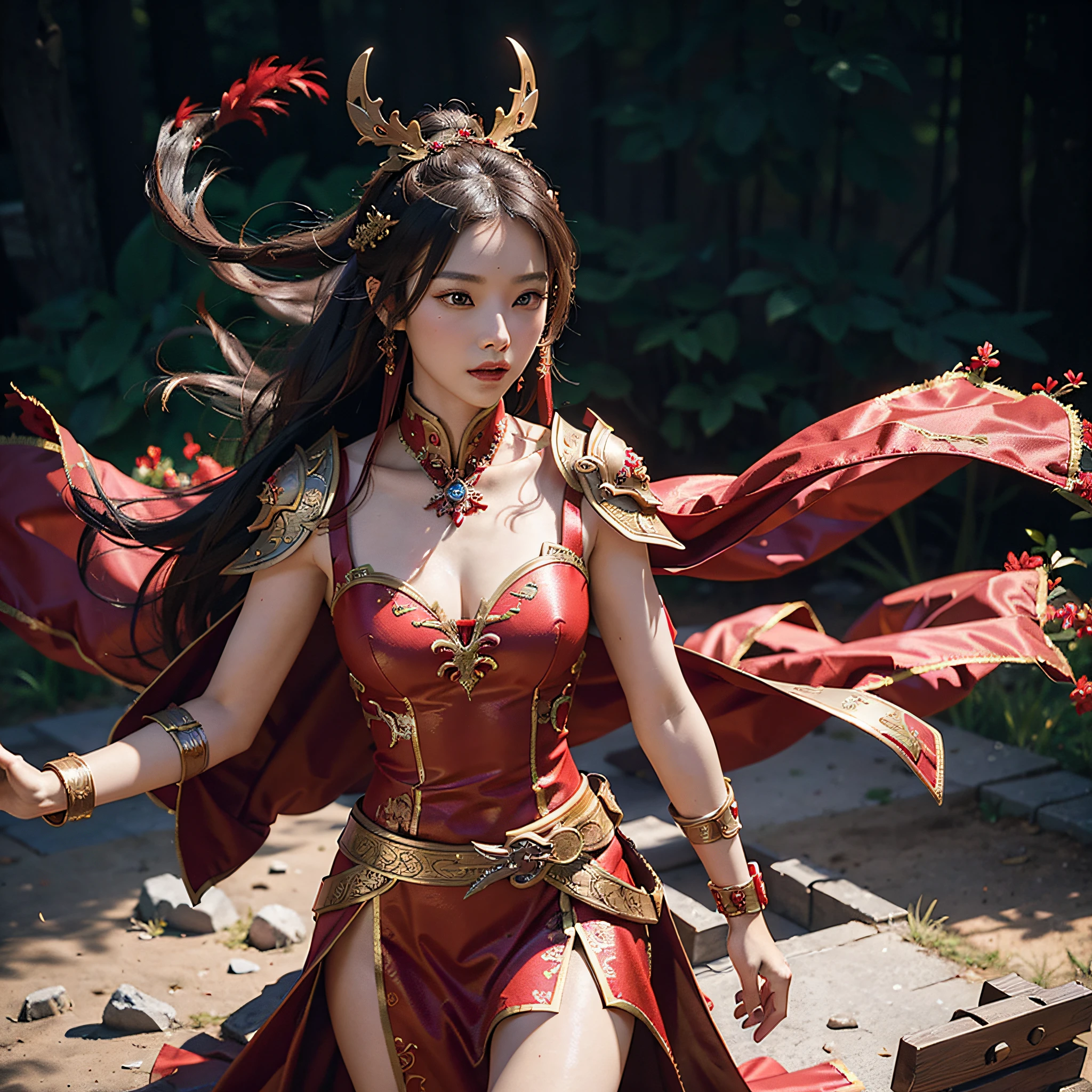 Wearing a red dress, red cloak and gold embellishment Chinese warrior, red armored girl, dynasty warrior, Unreal Engine render + goddess, 3D rendered character art 8 K, fairy hero, --auto --s2