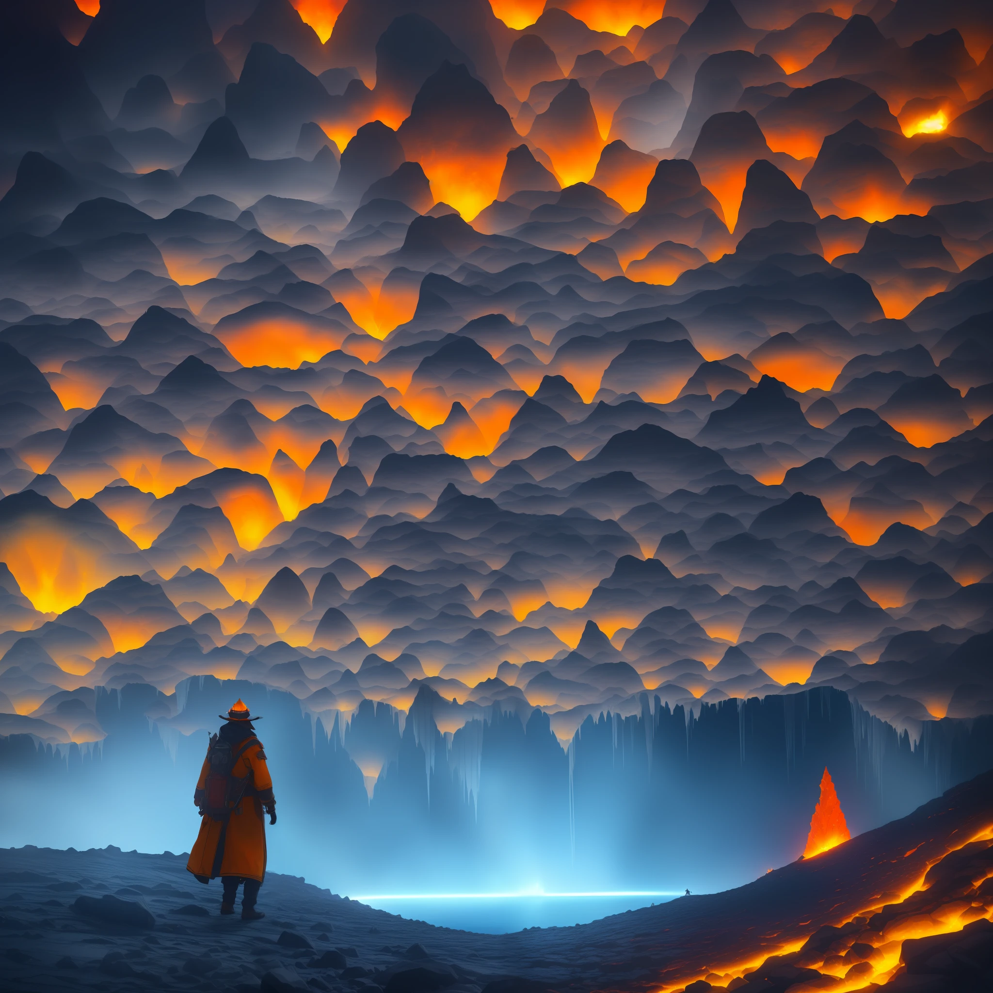 extensive landscape photography (view from below, which shows the vault of the cave, (detailed description of the cave), stalactites, stalagmites, as well as helicates, lake, lava, below), solo, gray-haired guy, 1:1, (ultradetailed description of appearance( standing on a stone ledge and looking down (lake of fire: 1.2), (falling stones: 0.9), (fire: 1.3), crystals, stones, lava, cave BREAK production art, (cold light source:1.2), (Firefly:1.2),  lava lake, fire particles, a lot of dark, red, yellow and orange, complex details, volumetric lighting, realism BREAK (masterpiece:1.2), (best quality), 4k, ultra-detailed, (dynamic composition: 1.4), high detailed, colorful details, (gloomy colors: 1.2), (luminous lighting, atmospheric lighting), gloomy, magical, (solo: 1.2) --auto --s2