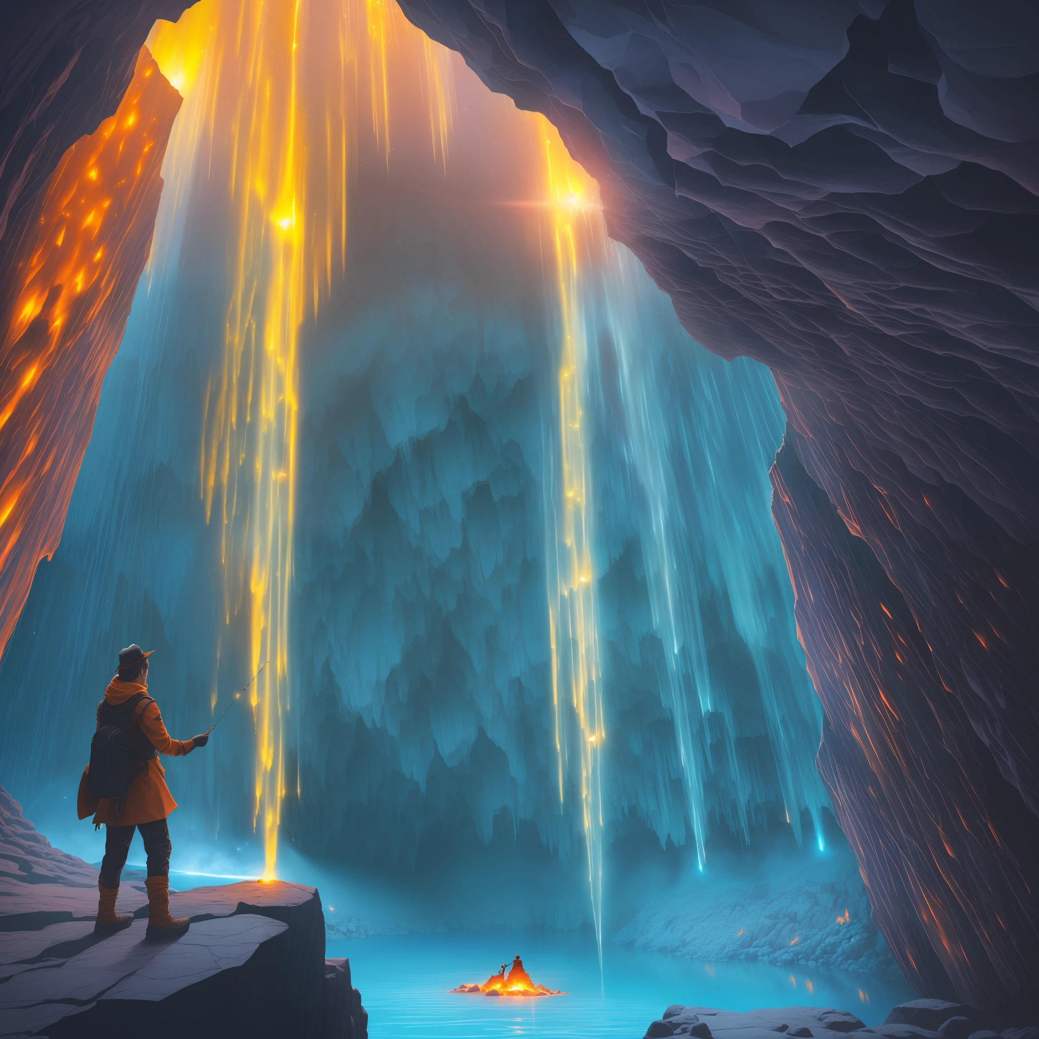 extensive landscape photography (view from below, which shows the vault of the cave, (detailed description of the cave), stalactites, stalagmites, as well as helicates, lake, lava, below), solo, gray-haired guy, 1:1, (ultradetailed description of appearance( standing on a stone ledge and looking down (lake of fire: 1.2), (falling stones: 0.9), (fire: 1.3), crystals, stones, lava, cave BREAK production art, (cold light source:1.2), (Firefly:1.2), lava lake, fire particles, a lot of dark, red, yellow and orange, complex details, volumetric lighting, realism BREAK (masterpiece:1.2), (best quality), 4k, ultra-detailed, (dynamic composition: 1.4), high detailed, colorful details, (gloomy colors: 1.2), (luminous lighting, atmospheric lighting), gloomy, magical, (solo: 1.2) --auto --s2