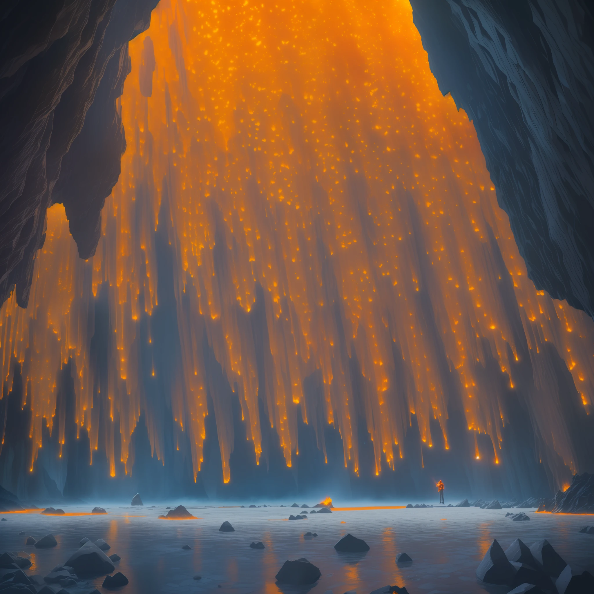 extensive landscape photography (view from below, which shows the vault of the cave, (detailed description of the cave), stalactites, stalagmites, as well as helicates, lake, lava, below), solo, gray-haired guy, 1:1, (ultradetailed description of appearance( standing on a stone ledge and looking down (lake of fire: 1.2), (falling stones: 0.9), (fire: 1.3), crystals, stones, lava, cave BREAK production art, (cold light source:1.2), (Firefly:1.2),  lava lake, fire particles, a lot of dark, red, yellow and orange, complex details, volumetric lighting, realism BREAK (masterpiece:1.2), (best quality), 4k, ultra-detailed, (dynamic composition: 1.4), high detailed, colorful details, (gloomy colors: 1.2), (luminous lighting, atmospheric lighting), gloomy, magical, (solo: 1.2) --auto --s2