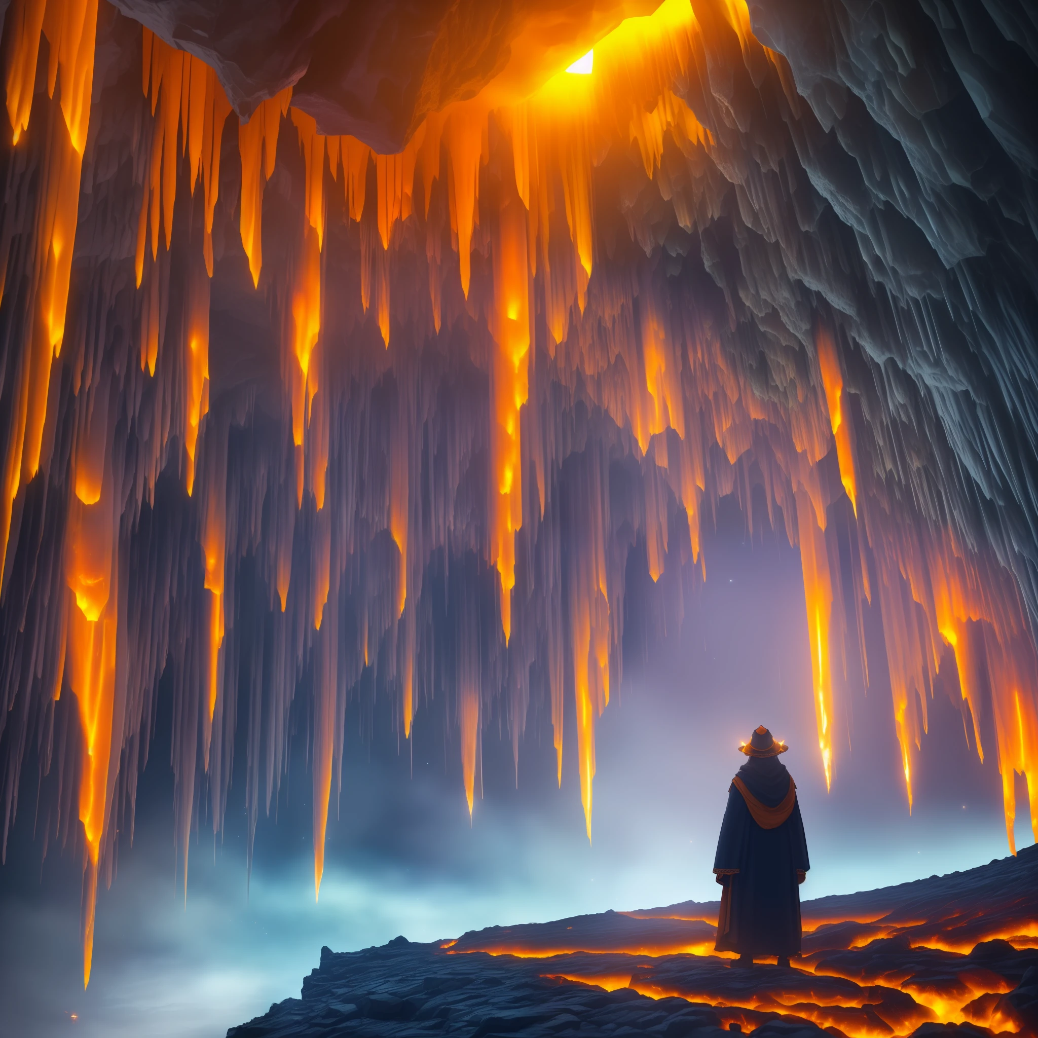 extensive landscape photography (view from below, which shows the vault of the cave, (detailed description of the cave), stalactites, stalagmites, as well as helicates, lake, lava, below), solo, gray-haired guy, 1:1, (ultradetailed description of appearance( standing on a stone ledge and looking down (lake of fire: 1.2), (falling stones: 0.9), (fire: 1.3), crystals, stones, lava, cave BREAK production art, (cold light source:1.2), (Firefly:1.2),  lava lake, fire particles, a lot of dark, red, yellow and orange, complex details, volumetric lighting, realism BREAK (masterpiece:1.2), (best quality), 4k, ultra-detailed, (dynamic composition: 1.4), high detailed, colorful details, (gloomy colors: 1.2), (luminous lighting, atmospheric lighting), gloomy, magical, (solo: 1.2) --auto --s2