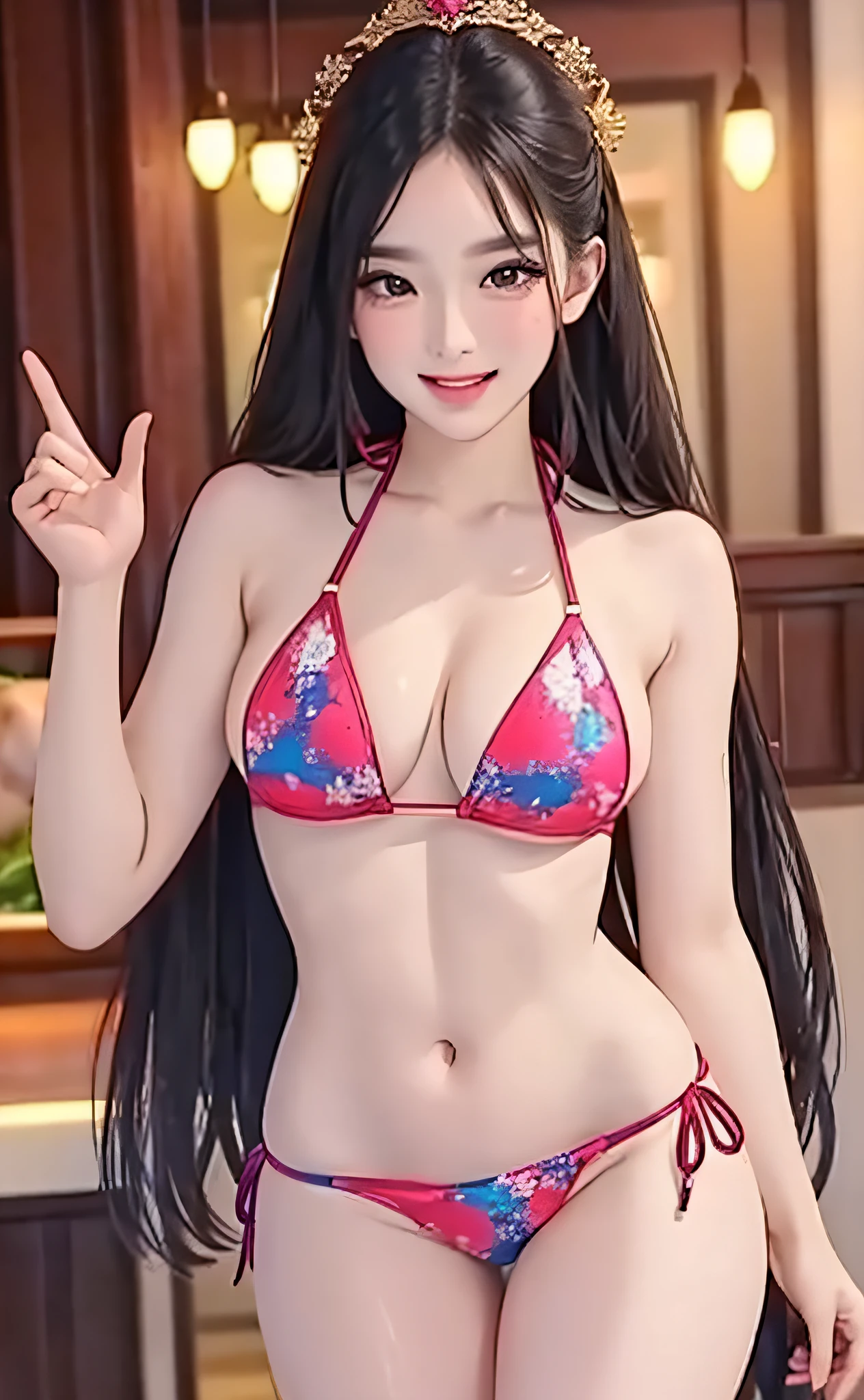 (Masterpiece:1.4, top quality), (intricate details), Unity8K wallpaper, ultra detail, beautifully aesthetic, perfect lighting, (1girl), dynamic pose, dynamic angle, lipstick, slim, slim body, medium breasts, , detailed background, real, solo, perfect detail face, detailed eyes, very detailed, blush, hair ornament, rolling_eyes, strabismus,gal,( beautiful girl ))), ((((Colorful bikini)))), beauty, ((Colossal)), big, emphasized, smile, seduction, pool, shiny skin,
