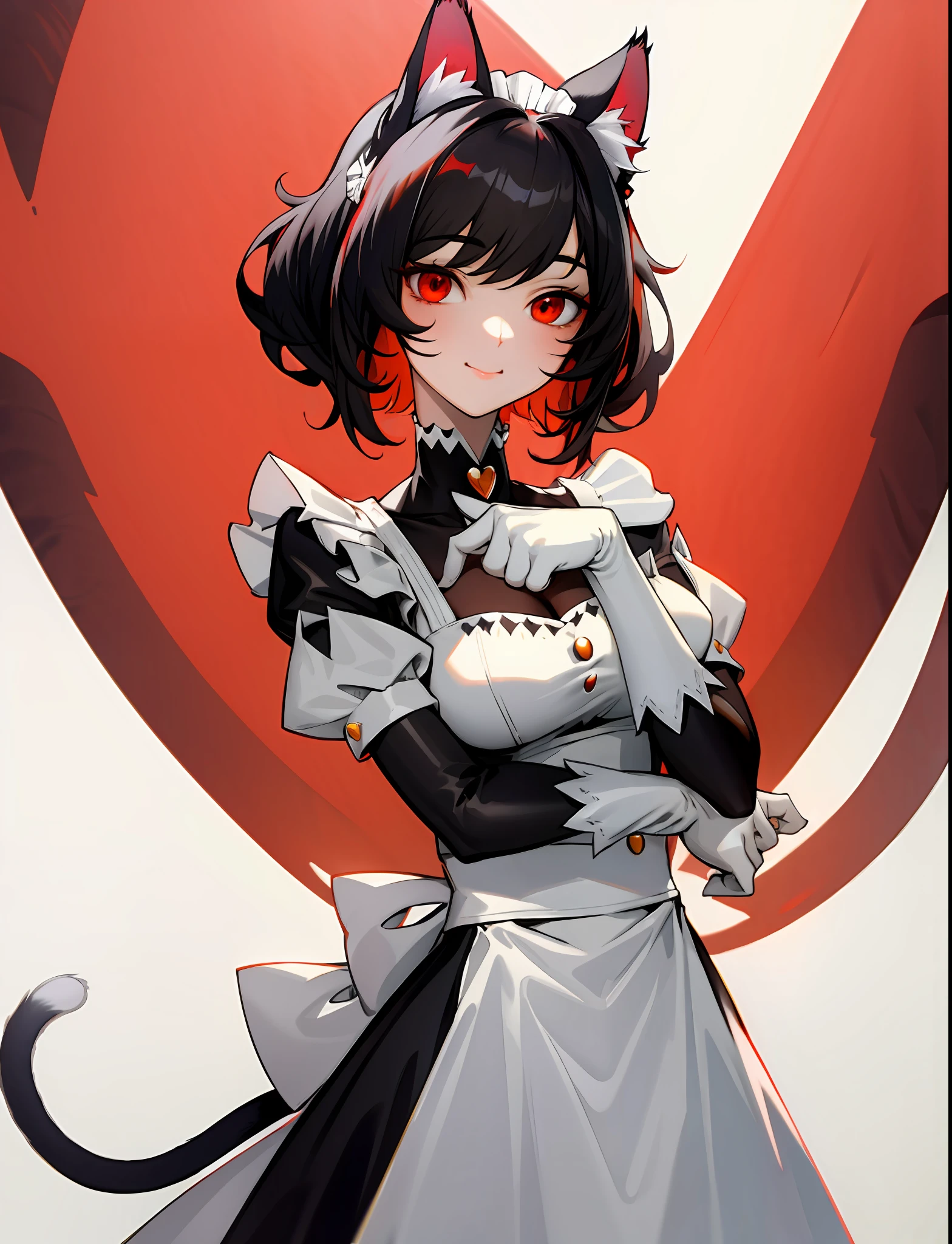((Masterpiece)), highest quality, ultra-detailed CG Unity 8K wallpaper, (a hermaphroditic female), black hair, ((red eye), pure white background, ((cat ears)), maid outfit, soft smile.