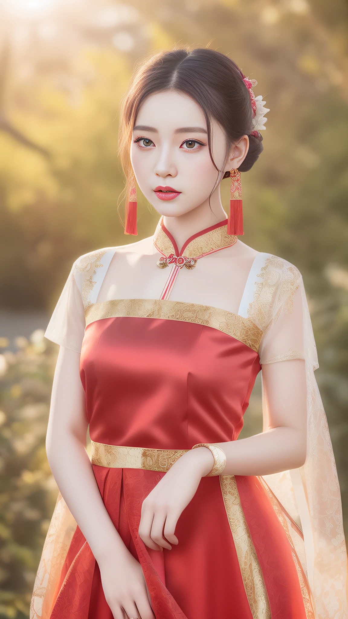 there is a woman in a red dress posing for a picture, with acient chinese clothes, palace ， a girl in hanfu, wearing a red cheongsam, wearing ancient chinese clothes, hanfu, white hanfu, chinese dress, traditional chinese clothing, traditional chinese, chinese costume, chinese style, cheongsam, chinese girl, gorgeous chinese model