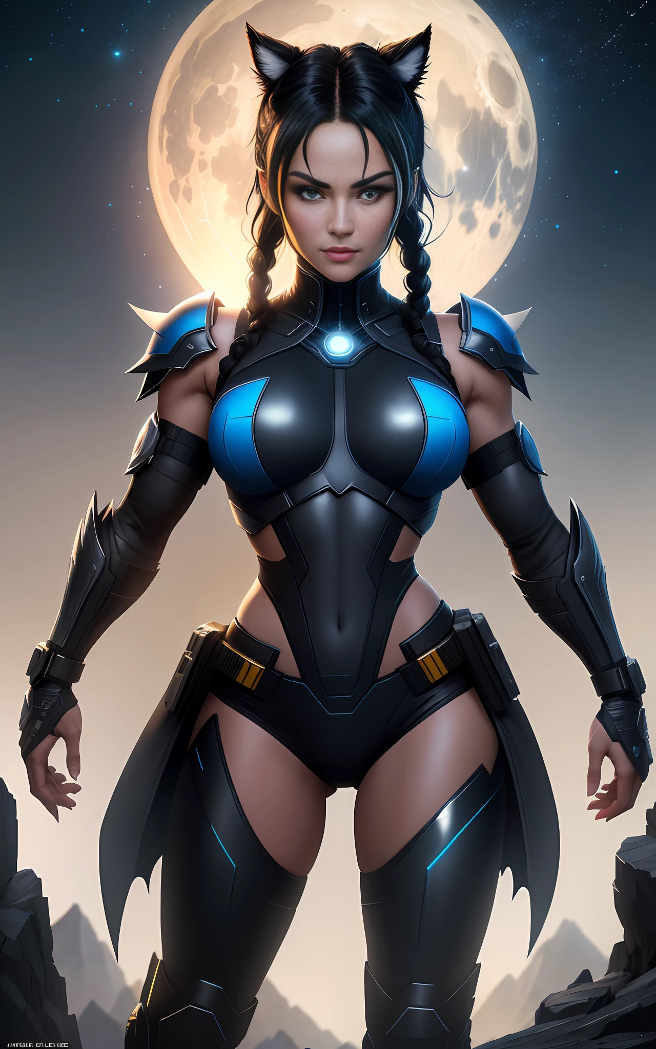 8k,Standing full body photo of a female werewolf as Wolverine+Batman+werewolf body,well drawn hands,blue eyes,short black hair with l braids,Max quality+resolution+sharpness,BG:top of a mountain,XL bust,Looking at viewer,body facing,smiling,fury in the eyes,fog,full moon,at night,starry sky,bright stars,Mortal Kombat,cyberpunk,futuristic,Realistic,realistic photo,masterpiece,detailed,intricate details,8k post production,high resolution,hyperdetailed,trending on artstation,sharp focus,studio photo,intricate details,tracing