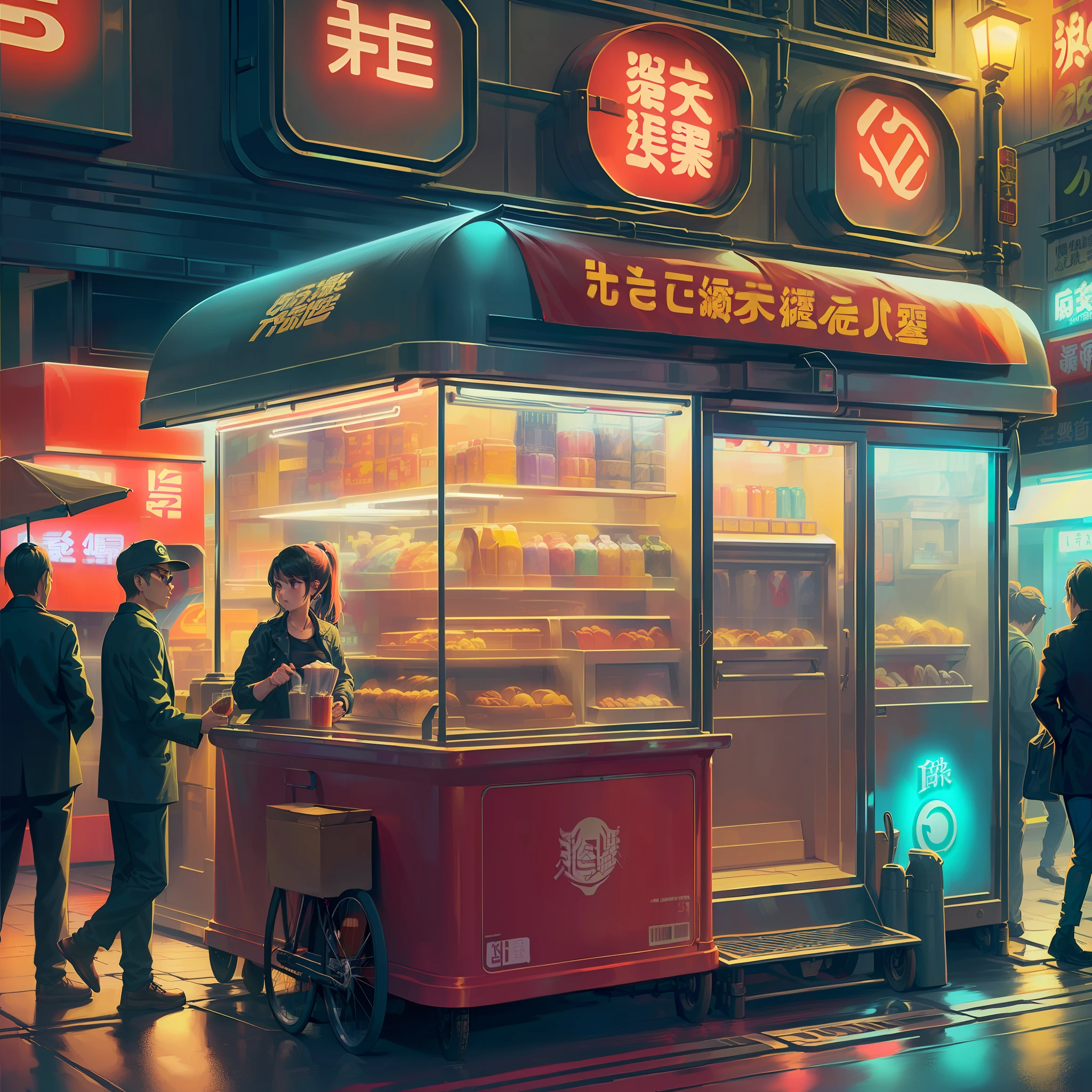 A mobile vending car in the middle of the street, people walking on the street at night in the city with neon signs, GTA Chinatowon art style, anime style city landscape, street background