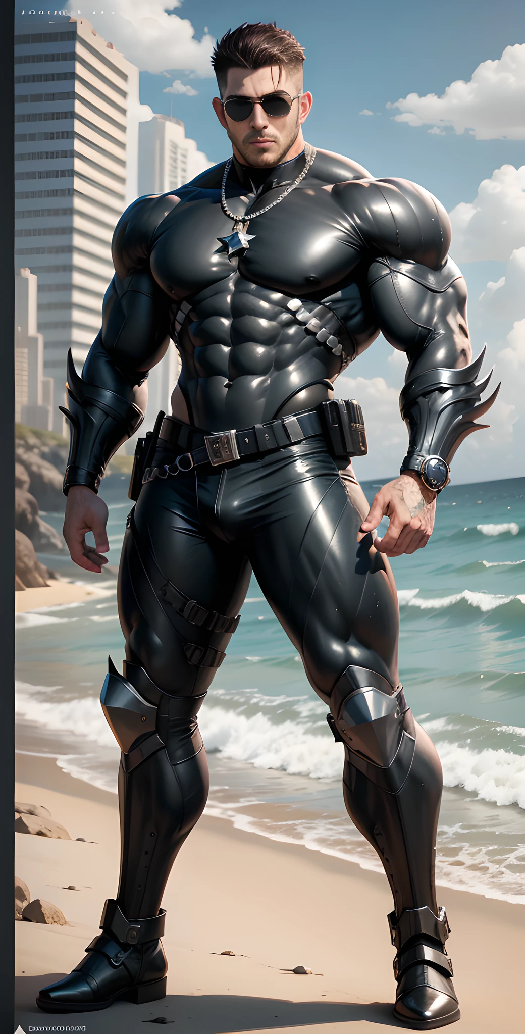 Arad man in black and white clothes standing by the sunny sea, muscular male hero, conceptual art like Ernest Khalimov, heroic male pose, muscular! Wearing black sunglasses, round head Buzz Cut, cyberpunk, stealth suit, super buff and cool, high resolution commission, Chris Redfield, crystal water ring special effects around wrist, Jigachard muscle, Ernest Khalimov body, character design police, black military boots, charismatic strong male with armor