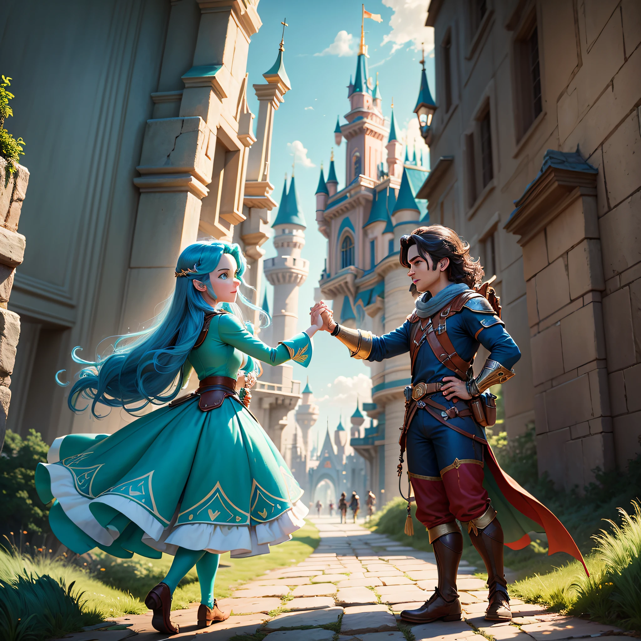 Cute, side, left and right side brave adventurous Disney men and women shaking hands, face to face, firm, minimalist, dark cyan, Disney, 8k, no borders, castle background, sky, HD, high quality --auto --s2