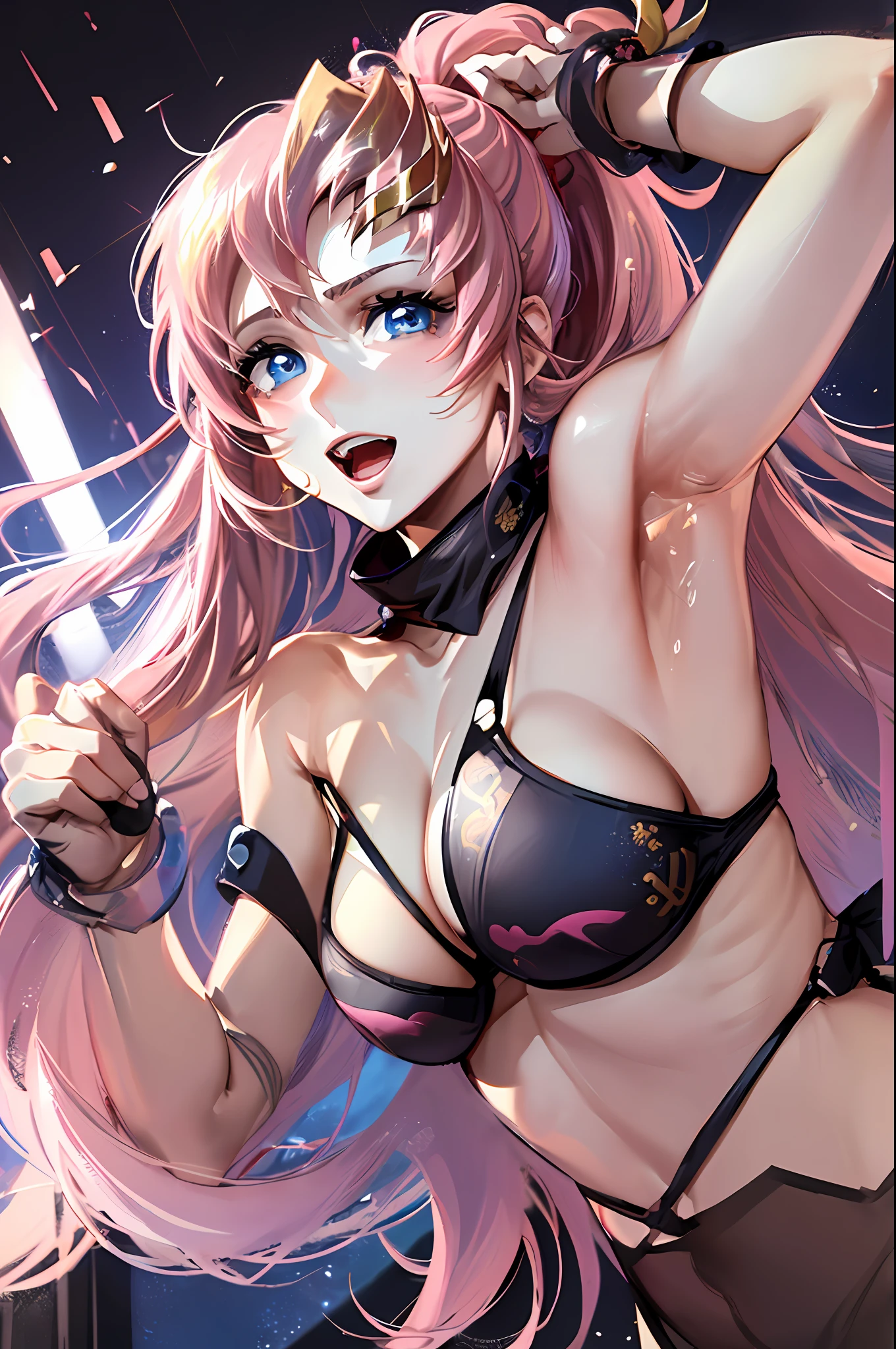 (sleeveless), (long high ponytail), (Pink long hair), (streaked hair), (KO), (one piece kimono), (drop kick), (wrestling ring), (beautiful detailed face), (masterpiece), (gorgeous), (Blue eyes), (covered arms), (bare shoulders), (cute smile), (((Best quality))), (golden hair clip), (slim body), (sad), (armpit), (hands up), (covered elbows), (eye brows up), ((No gloves)), (((Happy))), (((Eyes fully open))), (((Polite))), (((Proportional body))), (medium chest), (little strong), (narrow shoulders), (open mouth), (((Bikini))), (((Pale skin)))