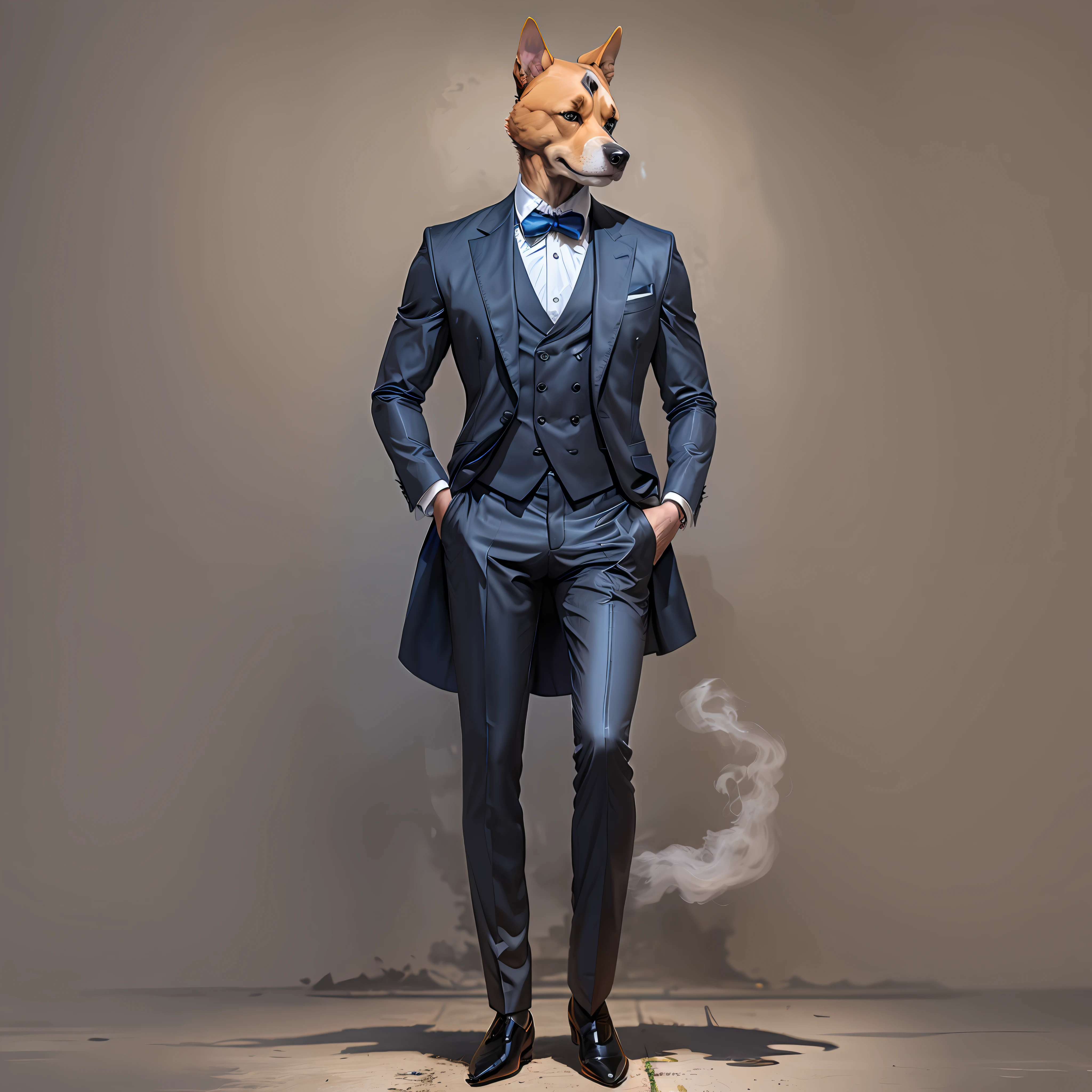 Dog-headed man, gentleman in suit, underworld, full body standing painting