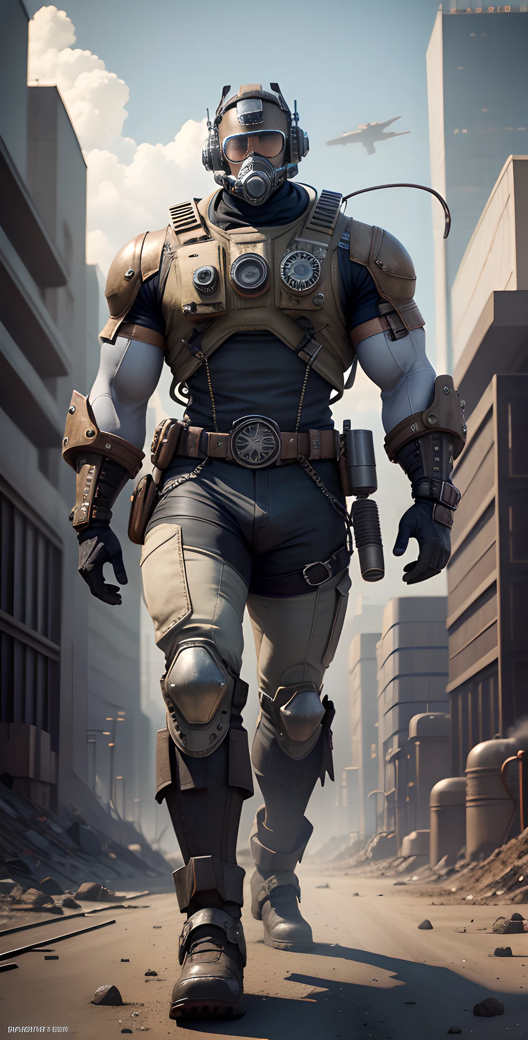 Male on the Wasteland, tall and burly, pure white tights, big muscles, big bumps, Buzz cut, black sunglasses, black military boots, buzz cut, steampunk style, steampunk art, complex mechanical devices such as gears, pipes, valves, (huge industrial building: 1.4), gray theme, retro futurism, crazy details, (Fujiflim XT3), 20 megapixels, detailed, cinematic particles,