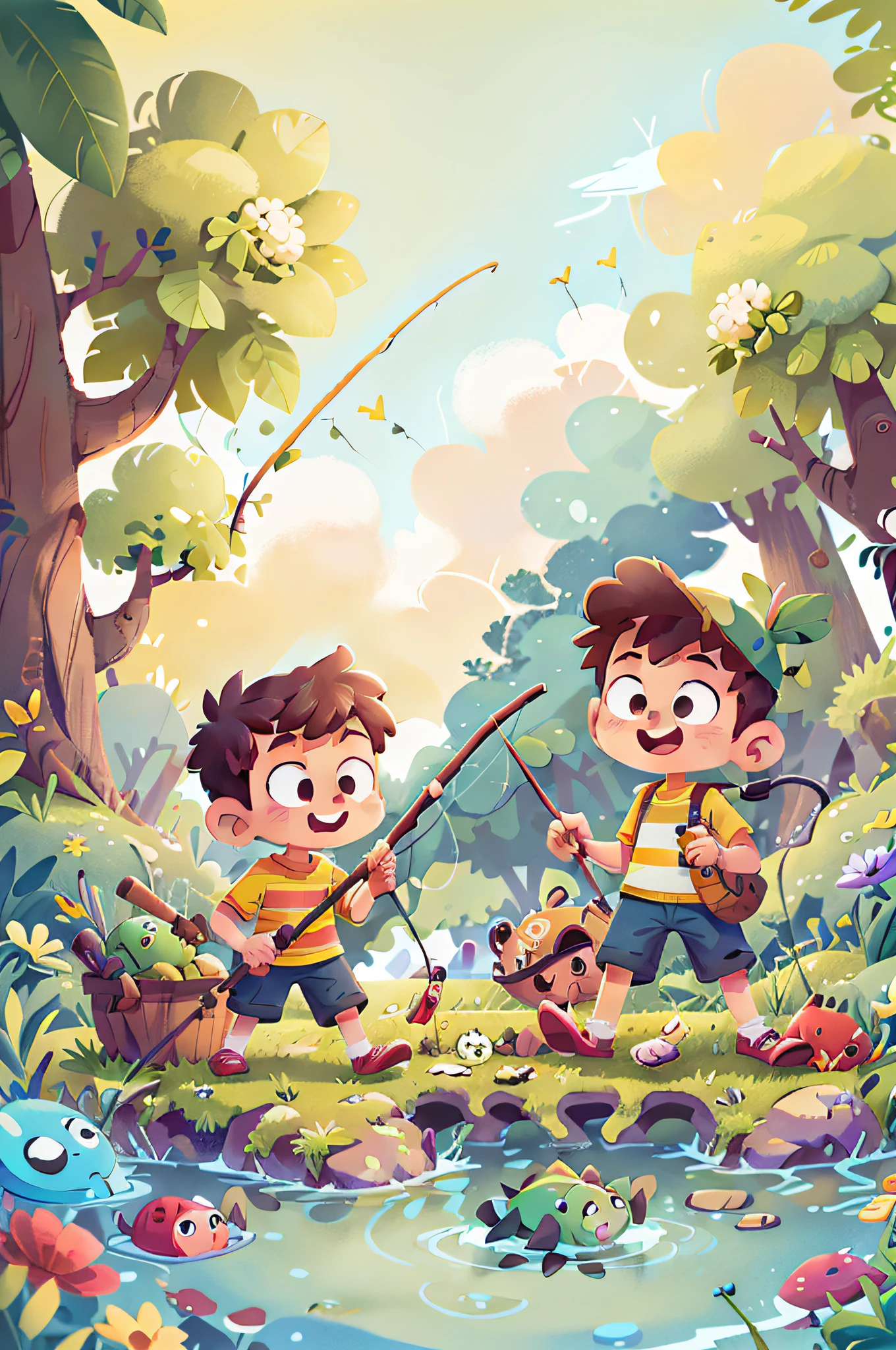 Poster design, (sfw), 2 fishing boys game, spring outing, happy, background is fishing, perfect quality, clear focus, colorful, perfect face, complex details, super low viewing angle, wide angle lens, large panorama