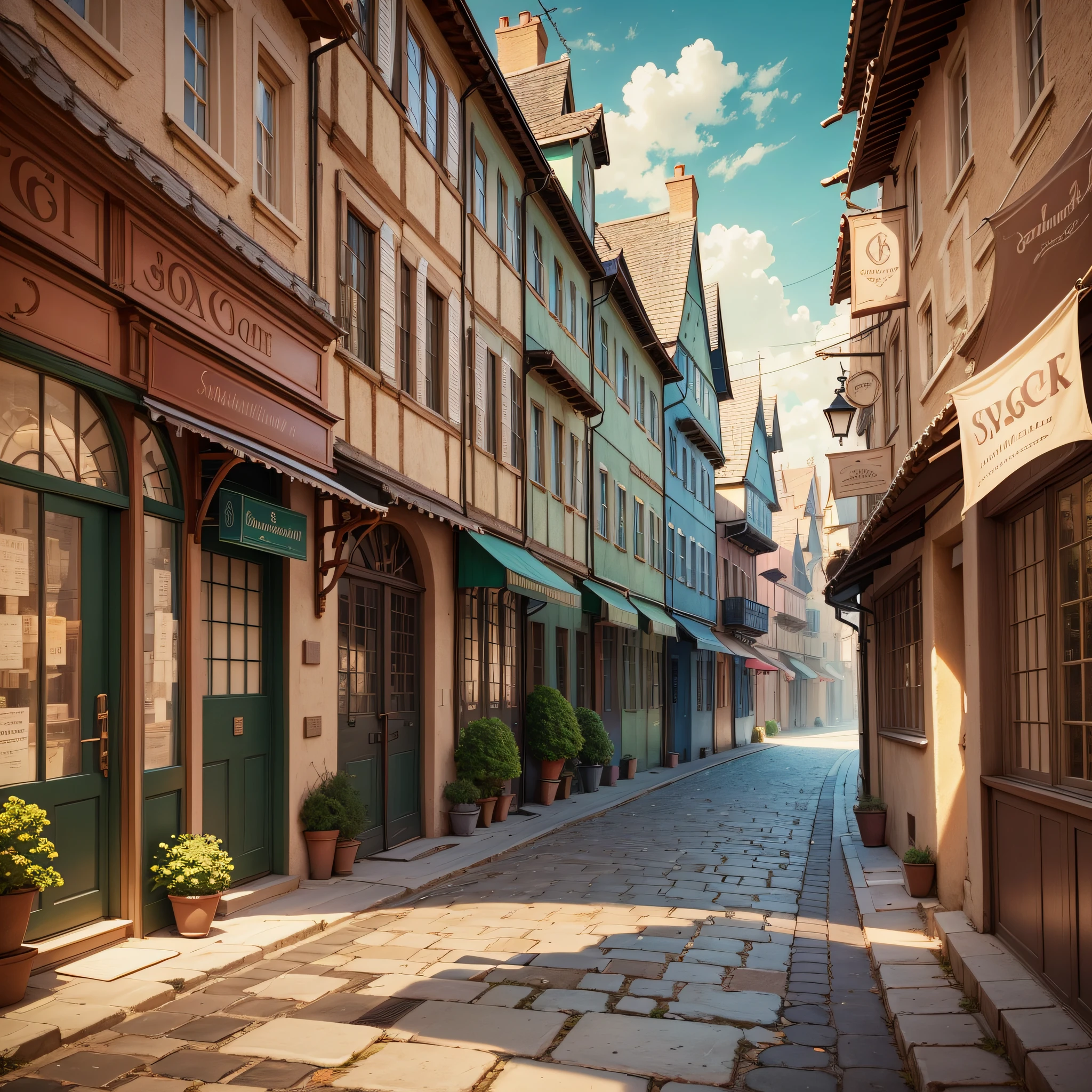 Create a charming image in a 16:9 aspect ratio. The image should depict a character on his back, looking at the viewer, in the foreground. The character must be in a medieval city with a fantastic setting in the background. The city should be lively, with people walking the streets. The atmosphere of the image should convey magic and mystery. The colors should be soft and pastel, giving the image a charming look. Explore details and textures to make the scene more vivid and engaging. Remember that the aspect ratio should be 16:9 --auto --s2