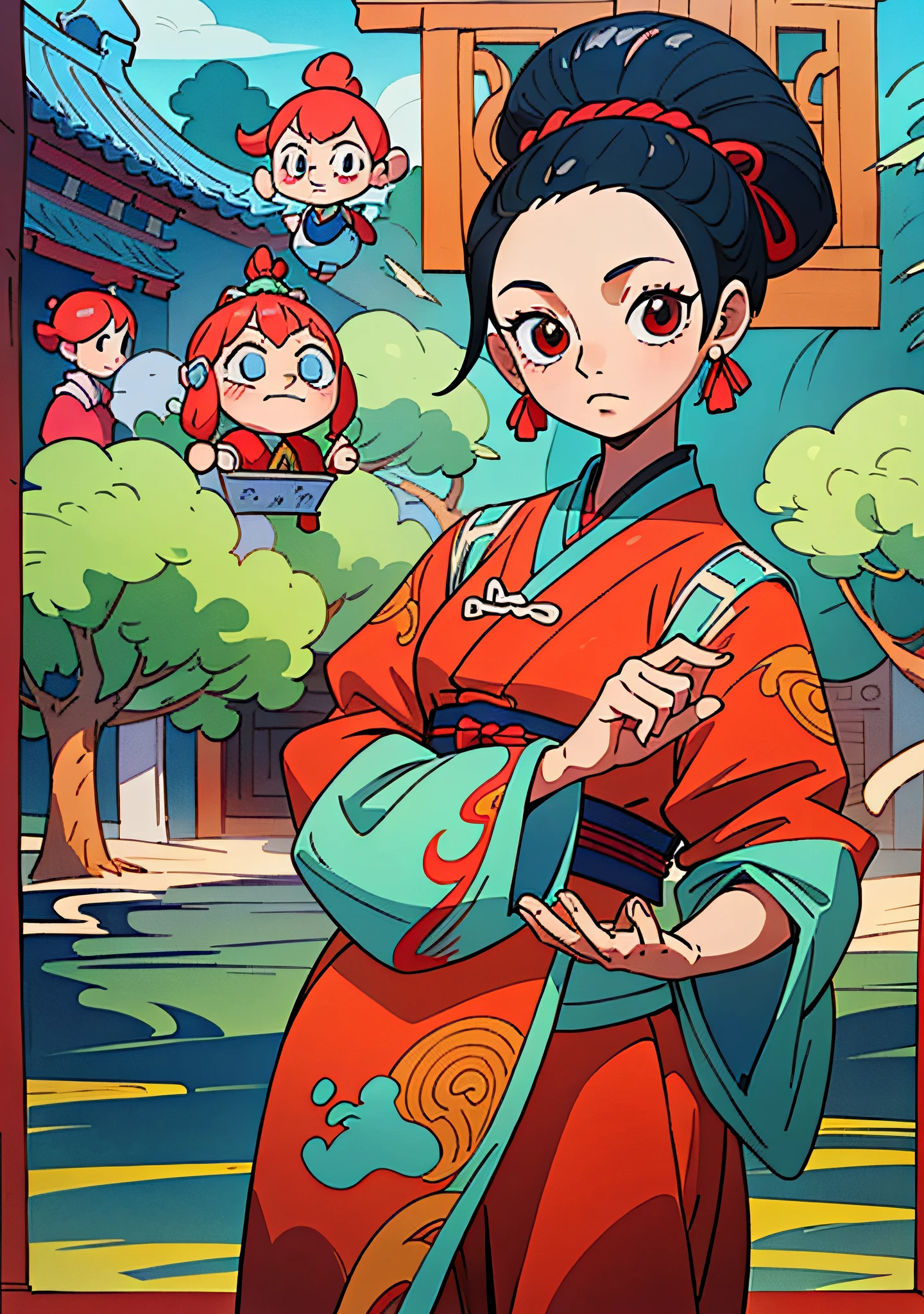 Cartoon girl wearing traditional Chinese costume, red costume, cute and meticulous digital art, palace scene, inspired by Wu Bin's works, highly detailed character design, Chinese watercolor style, hand detail enhancement, full head and five fingers, characters in the center, cute digital art. There are a lot of little dolls with black hair