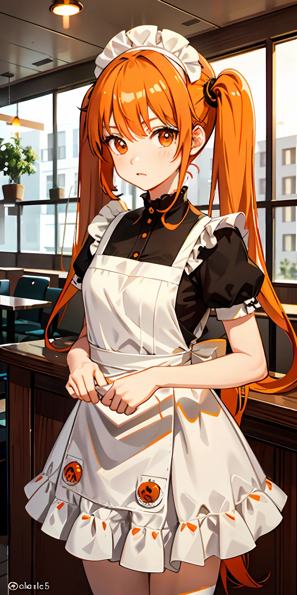 Working in a coffee shop, Age: 16, Hairstyle: Twin tails, Hair color: orange, Eye color: pale brown, Face: Girlish features, Calm face, Big eyes, Height: 150cm, Figure: Slender, Breast size: Small, ((orange maid outfit)), white apron, white frills