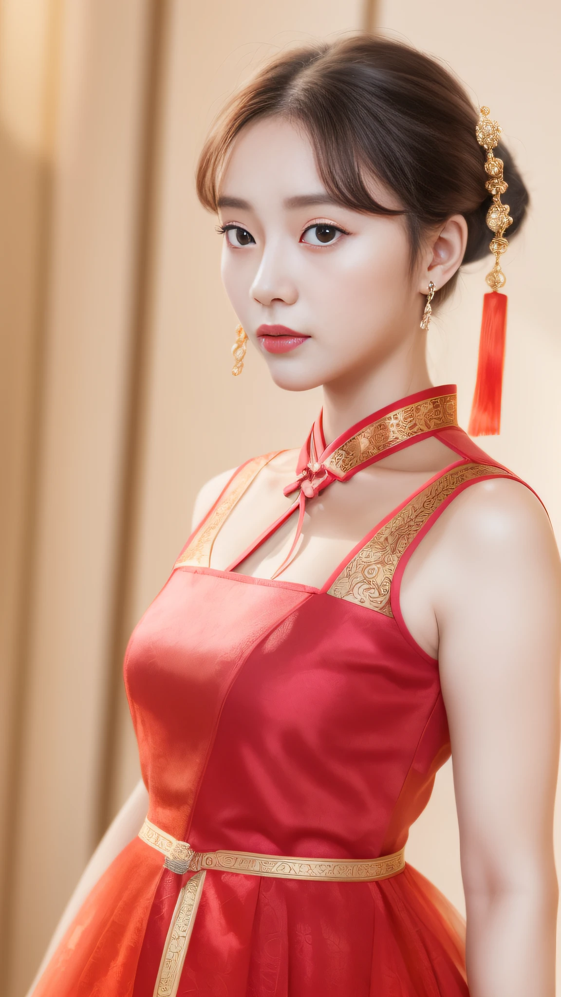 there is a woman in a red dress posing for a picture, wearing a red cheongsam, cheongsam, chinese dress, with acient chinese clothes, chinese girl, gorgeous chinese model, chinese style, chinese woman, chinese costume, inspired by Yao Tingmei, wearing ancient chinese clothes, traditional chinese clothing, inspired by Huang Ji, sha xi