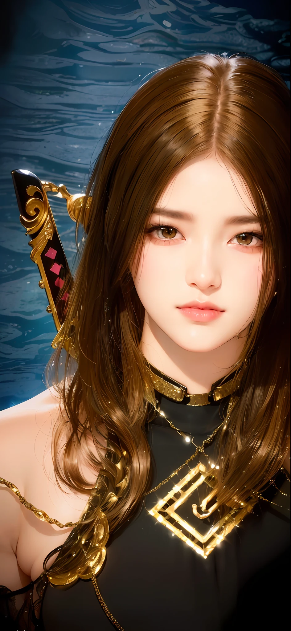 (8k, RAW photo, photorealistic:1.25) ,( lipgloss, eyelashes, gloss-face, glossy skin, best quality, ultra highres, depth of field, chromatic aberration, caustics, Broad lighting, natural shading, Kpop idol) looking at the audience With serenity and goddess-like bliss,