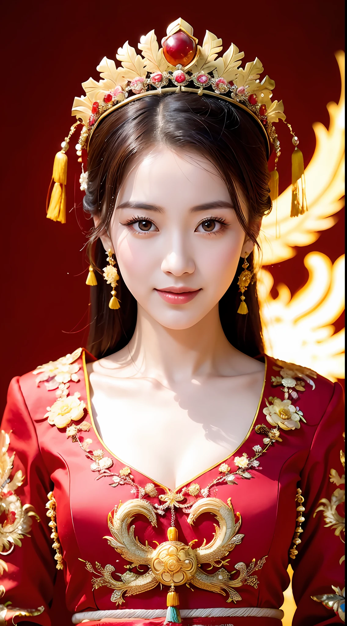 (8k, RAW Photo, Best Quality, Masterpiece: 1.2), (Realistic, Realistic: 1.37), 1 Girl, Woman in Red Dress and Headdress Posing for Photo, Gorgeous Role Play, Beautiful Costume, Chinese Dress, Complex Dress, Complex Costume, Traditional Beauty, Gorgeous Chinese Model, Chinese Costume, Wearing Gorgeous Costume, Wearing Elegant Chinese Xiuhe Dress, Chinese Wedding Dress, Phoenix Crown Xia Hanging, Antique Bride, Xiuhe Costume, Close Up, Wearing Phoenix Crown, Smile, No Watermark, Dragon and phoenix embroidered dress