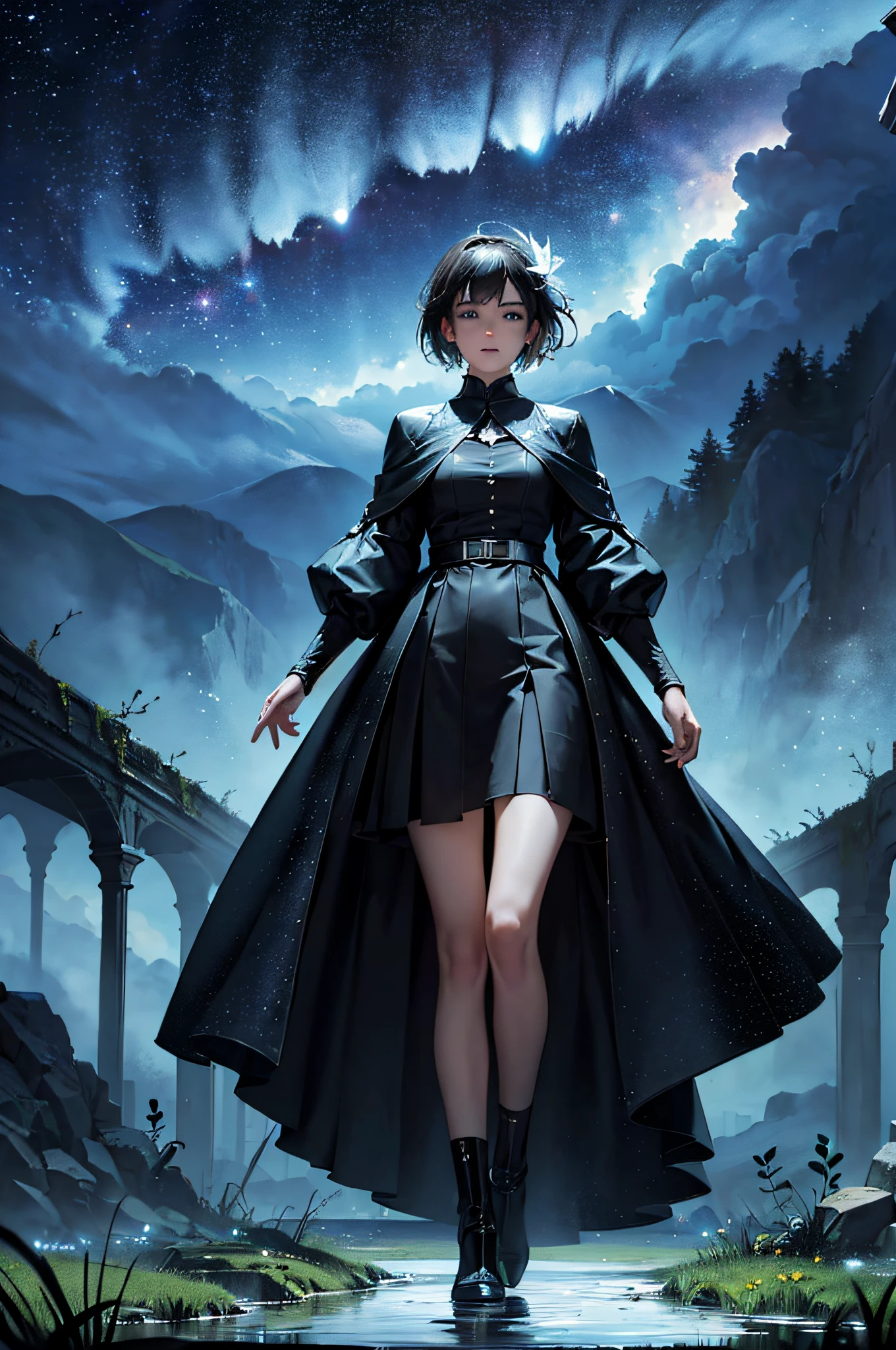((surrealism + otherworldliness + hyper-sky scene), 8k, masterpiece, highest quality, full of magic lights, huge crystal tree full body + magic lights perfectly presented, to the highest degree of complex forest details and smooth river surrounding, integrated with the perfect depiction of solar punk, landscape, beautiful green leaves and realistic proportions, just like a real movie background. Clouds and starlight interspersed in the sky, the picture is more dreamy and beautiful. )