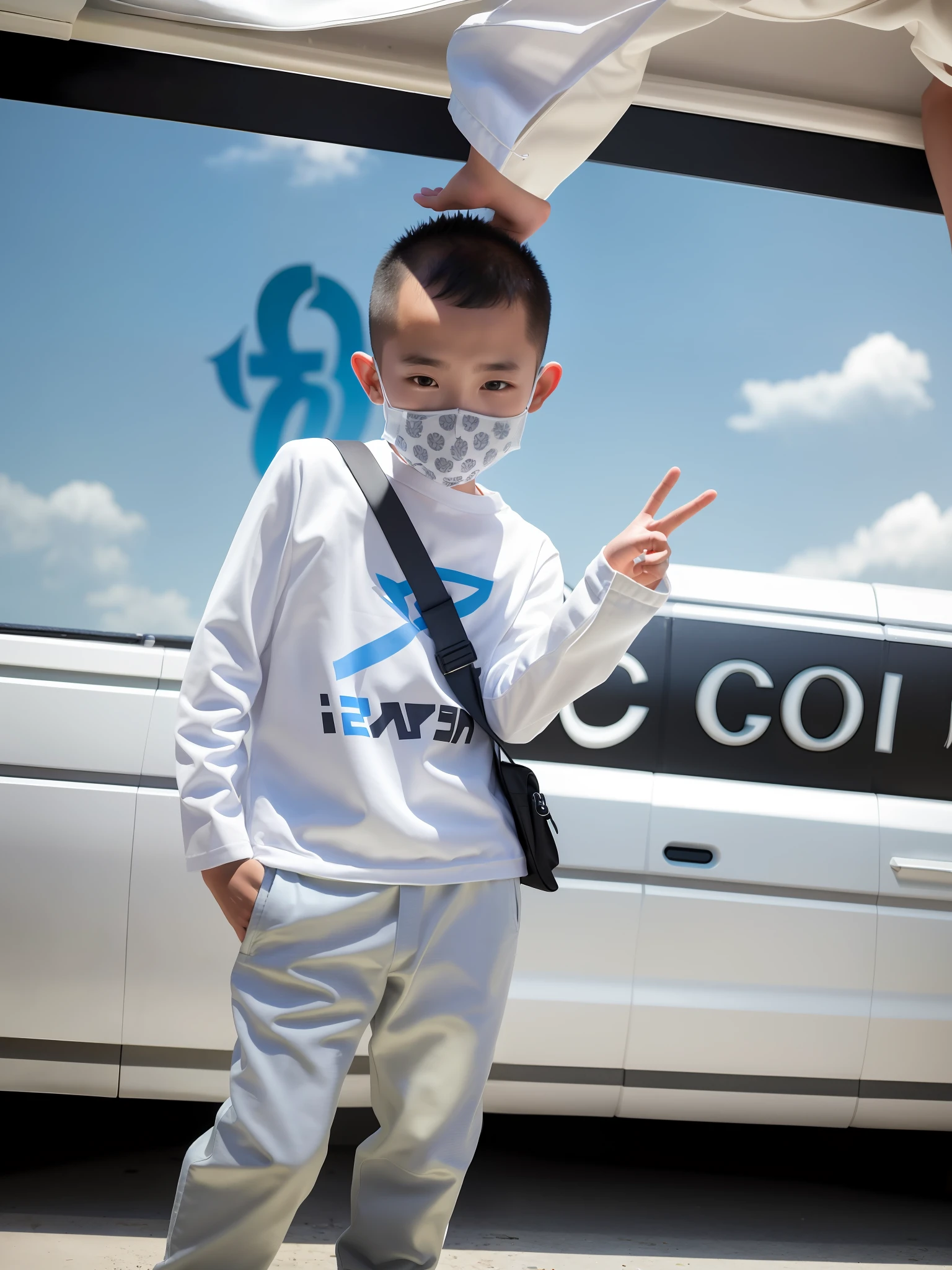 arafed boy in a white shirt and gray pants with a face mask, ???, yanjun chengt, cai xukun, loong, yihao ren, jinyiwei, mingchen shen, inspired by Tooth Wu, xintong chen, gucci clothes, zmonzheng, xision wu, ????, next gen, li zixin, from china