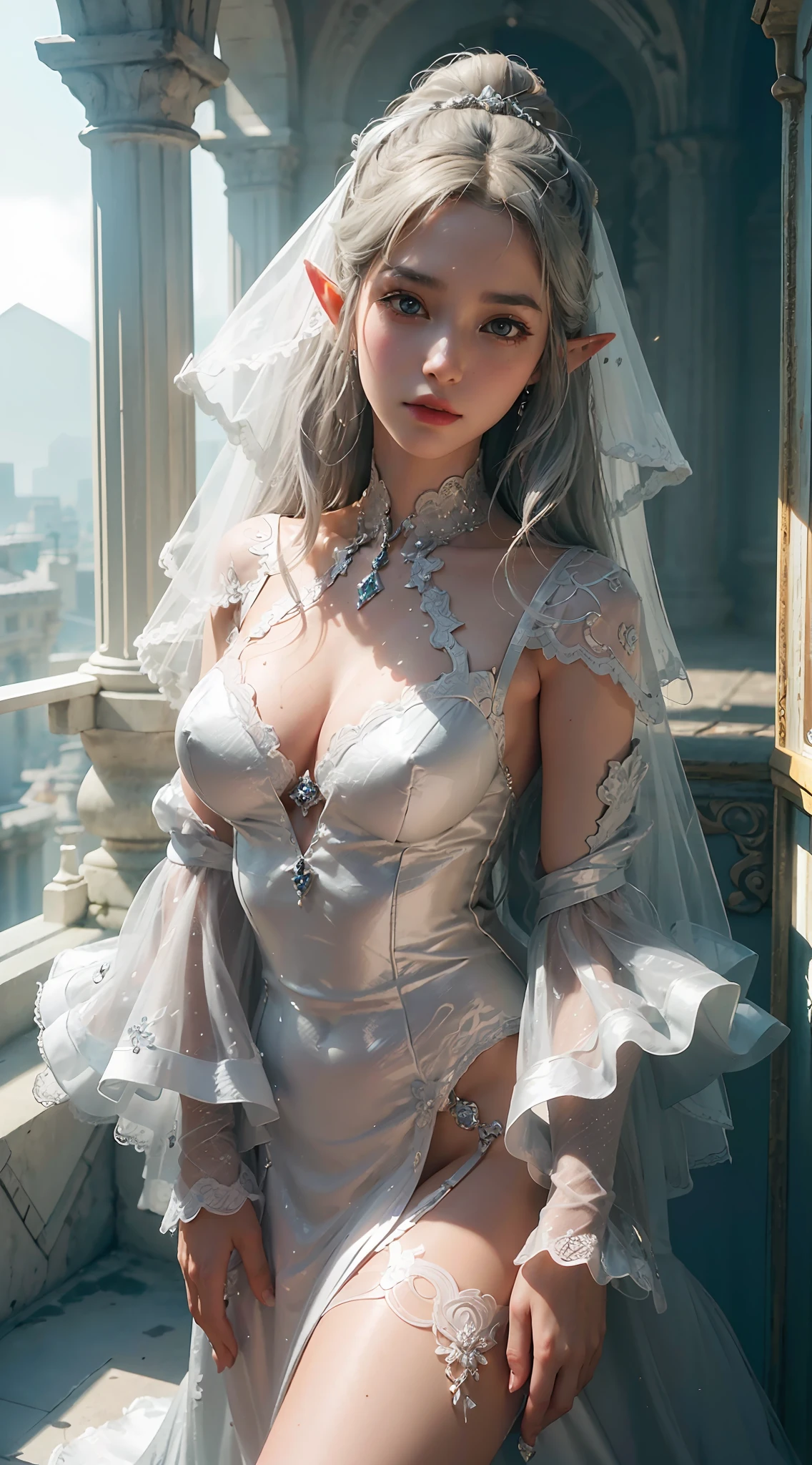 (Best Quality), (Masterpiece), (Detail: 1.4), 3D, (Bun: 1.2), (Silver Hair: 1.7), (Wedding Dress: 1.3), (Elf Ears: 1.7) HDR (High Dynamic Range), Ray Tracing, NVIDIA RTX, Super-Resolution, Unreal 5, Subsurface Scattering, PBR Texture, Post-processing, Anisotropic Filtering, Depth of Field, Maximum Sharpness and Clarity, Multi-layer Texture , Albedo and Specular Mapping, Surface Coloring, Accurate Simulation of Light-Material Interactions, Perfect Proportions, Octane Render, Bicolor Light, Large Aperture, Low ISO, White Balance, Rule of Thirds, 8K RAW,