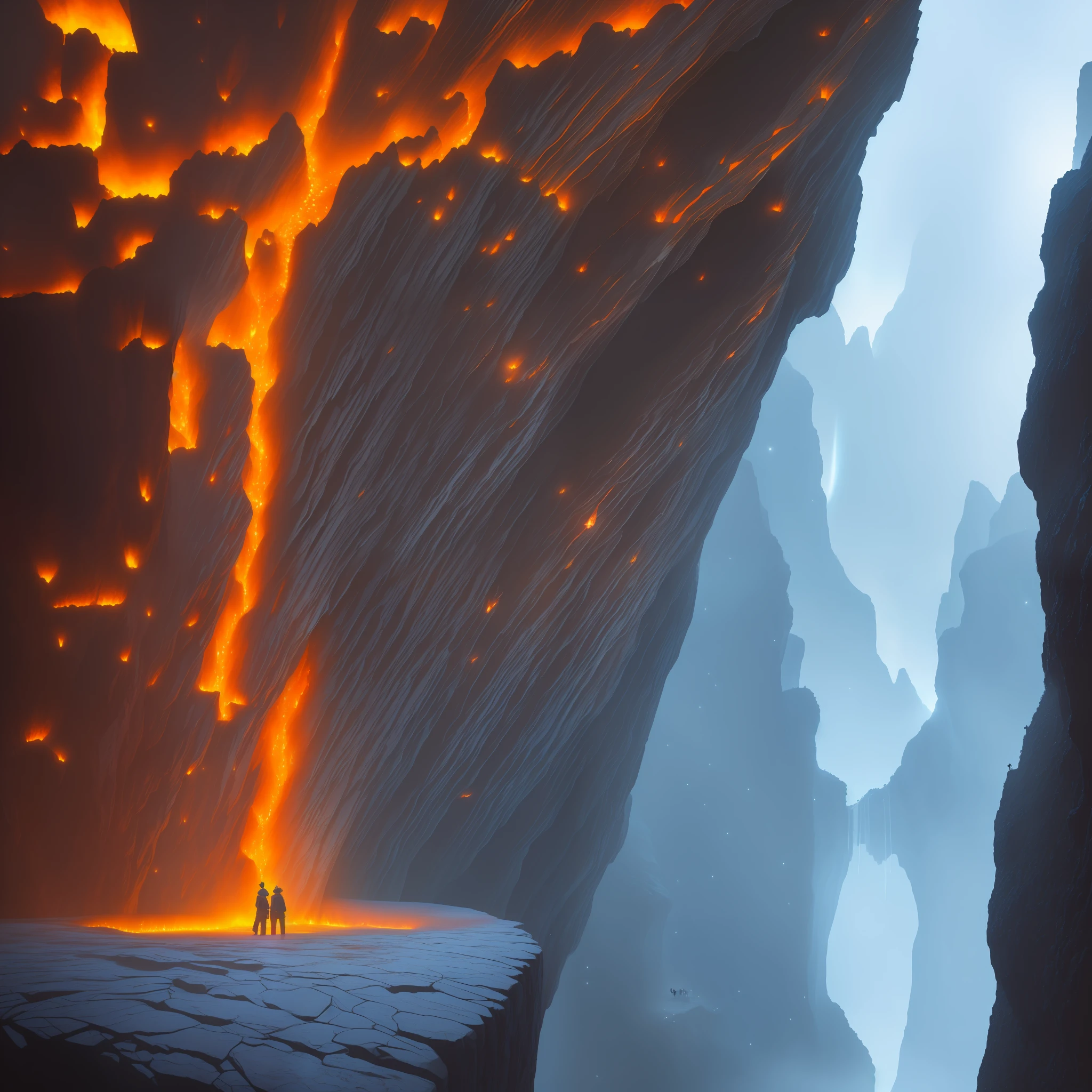 extensive landscape photography (view from below, which shows the vault of the cave, (detailed description of the cave), stalactites, stalagmites, as well as helicates, lake, lava, below), solo, gray-haired guy, 1: 3, dressed in a shirt, dressed in trousers, (ultradetailed description of appearance( standing on a stone ledge and looking down (lake of fire: 1.2), (falling stones: 0.9), (fire: 1.3), crystals, stones, lava, cave BREAK production art,  (Cold Light Source:1.2), (Firefly:1.2), Fire Particles, Lots of Dark, Red, Yellow and Orange, Complex Details, Volumetric Lighting, BREAK Realism (Masterpiece:1.2), (Best Quality), 4k, Ultra Detailed, (Dynamic Composition: 1.4), High Detailed, Colorful Details, (Gloomy Colors: 1.2), (Luminous Lighting, Atmospheric Lighting), Gloomy, Magical, (Solo: 1.2) --auto --s2