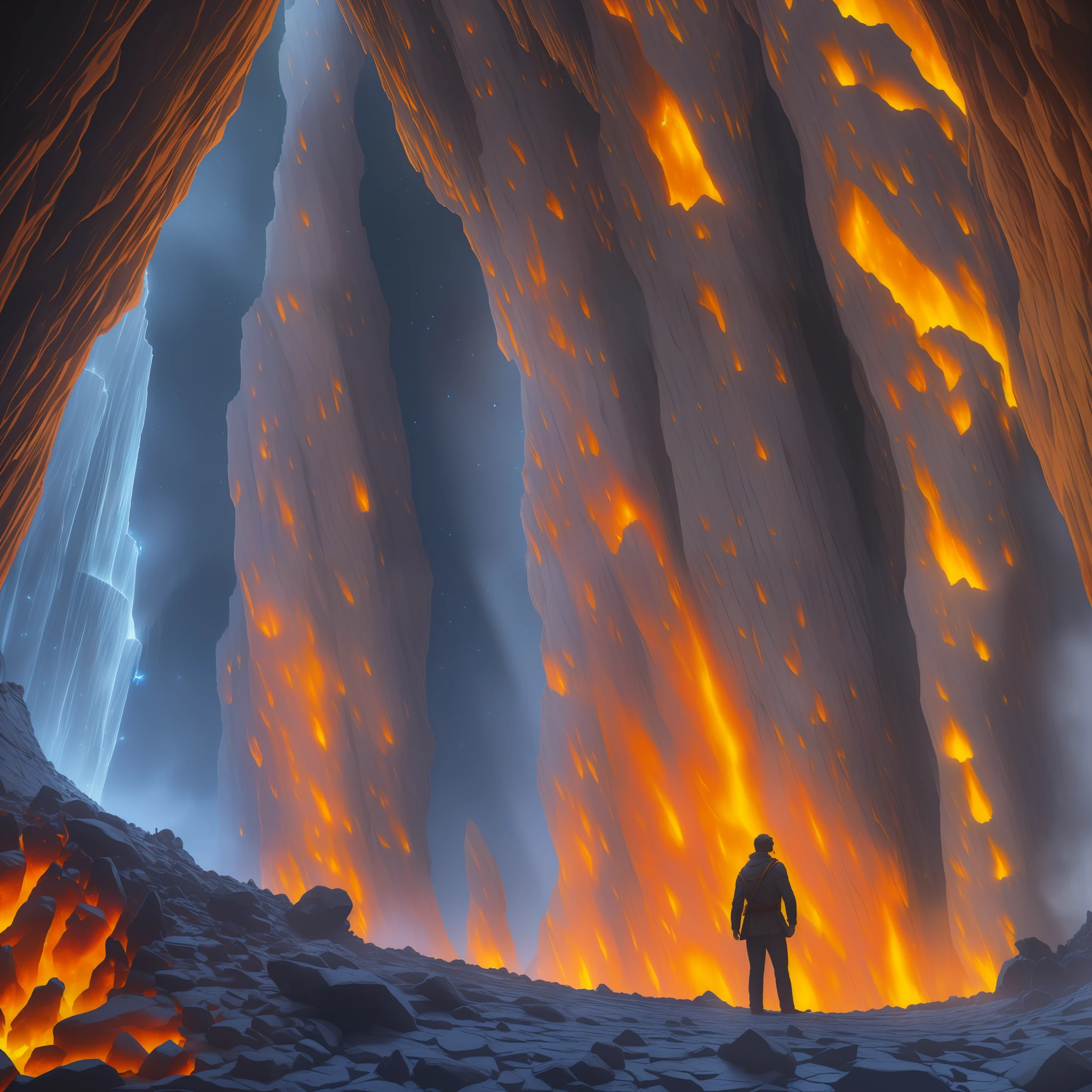 extensive landscape photography (view from below, which shows the vault of the cave, (detailed description of the cave), stalactites, stalagmites, as well as helicates, lake, lava, below), solo, gray-haired guy, 1: 3, dressed in a shirt, dressed in trousers, (ultradetailed description of appearance( standing on a stone ledge and looking down (lake of fire: 1.2), (falling stones: 0.9), (fire: 1.3), crystals, stones, lava, cave BREAK production art,  (Cold Light Source:1.2), (Firefly:1.2), Fire Particles, Lots of Dark, Red, Yellow and Orange, Complex Details, Volumetric Lighting, BREAK Realism (Masterpiece:1.2), (Best Quality), 4k, Ultra Detailed, (Dynamic Composition: 1.4), High Detailed, Colorful Details, (Gloomy Colors: 1.2), (Luminous Lighting, Atmospheric Lighting), Gloomy, Magical, (Solo: 1.2) --auto --s2