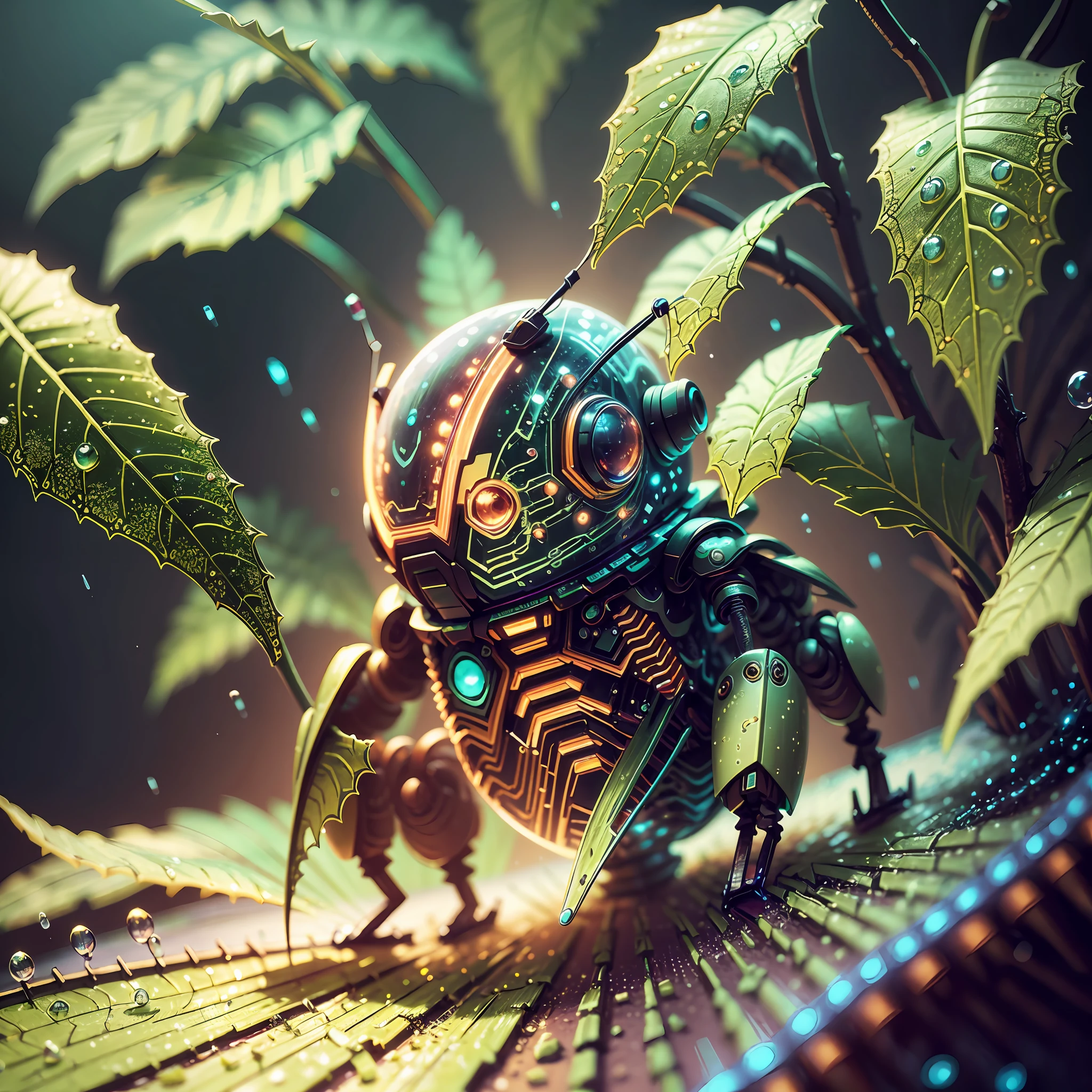 Weird core firefly robot in beautiful macro world, lush plant life, water droplets, environmental lighting effects, ray tracing reflections, high definition, volumetric lighting, complimentary colors --auto --s2