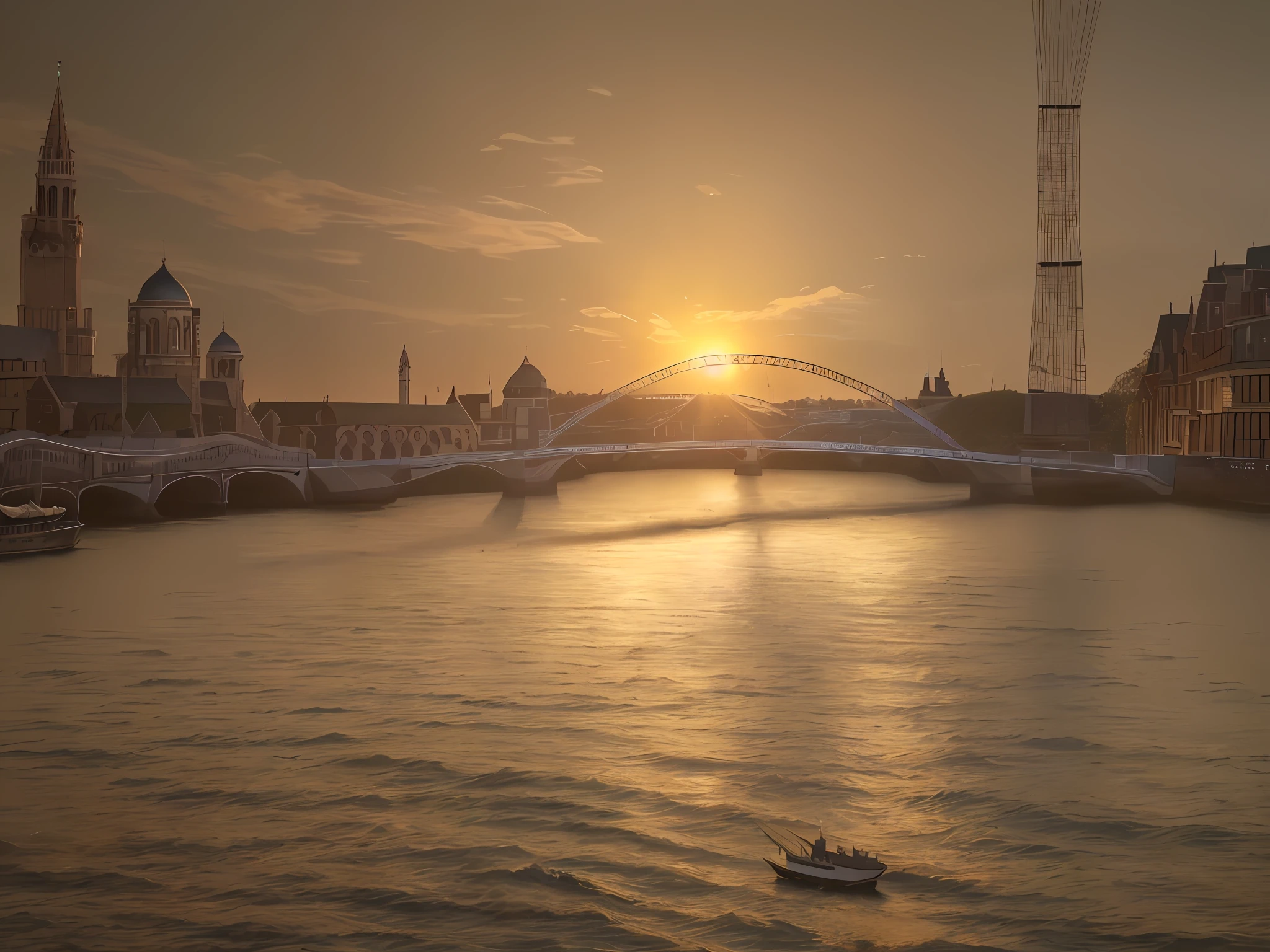 Masterpiece, best quality, (8k very detailed CG unit wallpaper) (best quality), (best illustration), (best shadows), Ultra realistic, high definition, very detailed, a bridge in Middle Ages London with old style tall ships in the river, morning, sunrise, clear sky, A tall shipsailing in the river, water tower on the right