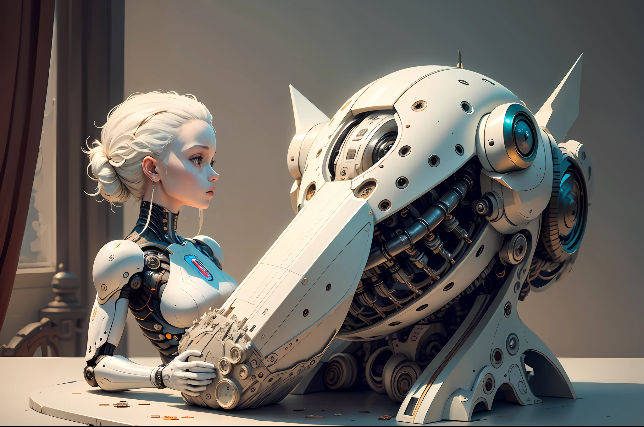 "Created with inspired ultra-detailed conceptual art | in a very developed futuristic world | electronic systems on a humanoid head | robots | have a visible detailed brain | with visible care | muscle cords | biopunk | cybernetics | cyberpunk | white marble statue | canon m50| 100 mm|sharply focused|smooth|surrealism|very detailed|intricate details|Michelangelo carving. Masterpiece. Unleash your inner Cu73Cre4ture programmer with the power of steady diffusion and bring your imagination to life! ", high detail, 8k