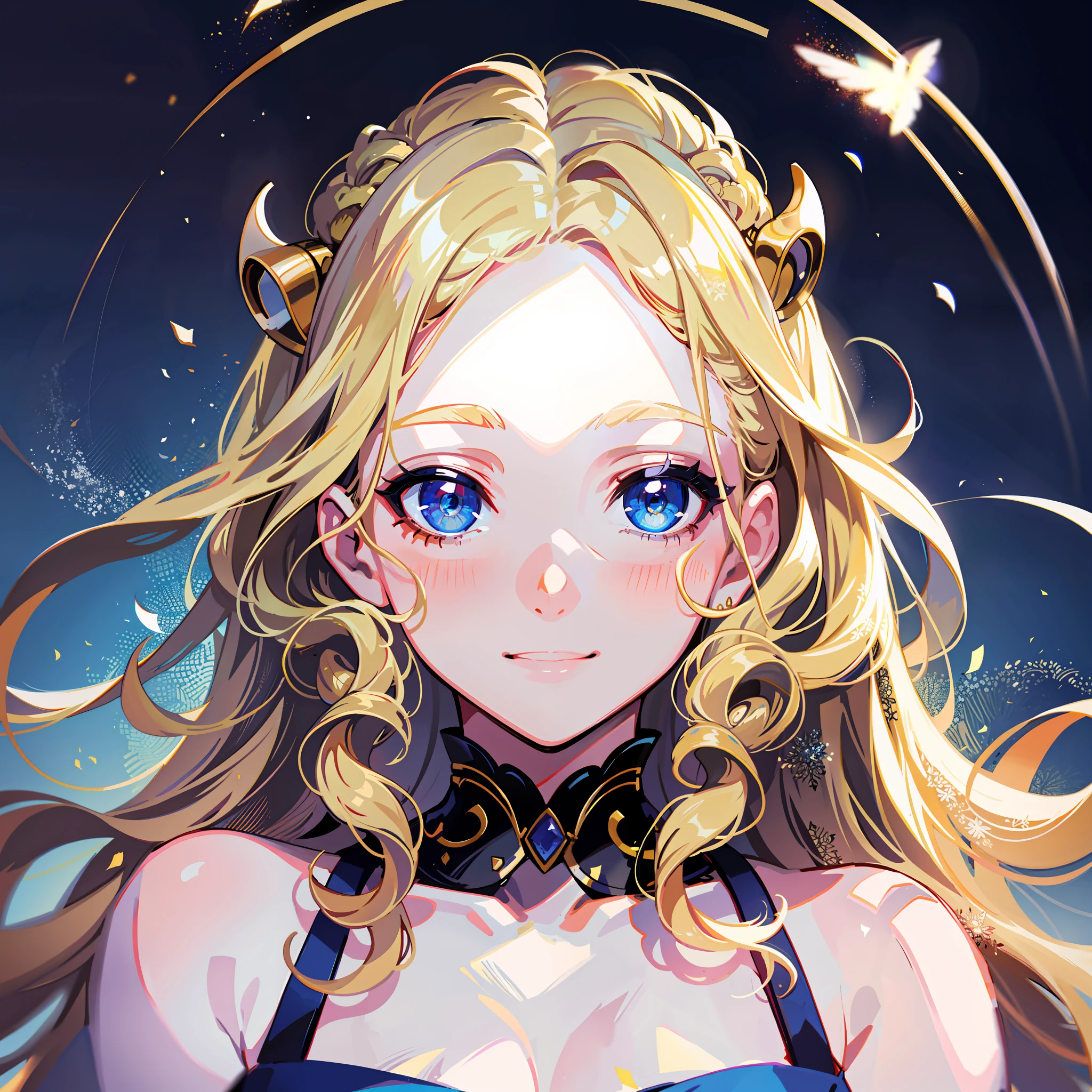 Best quality, super high resolution, 1girl, light blonde hair, curly hairstyle, long hair, no decorations on the head, beautiful blue eyes, delicate facial features, delicate skin, fine hair, portrait, upper body, smile, silk texture white skirt, beautiful feeling, upper body, simple background