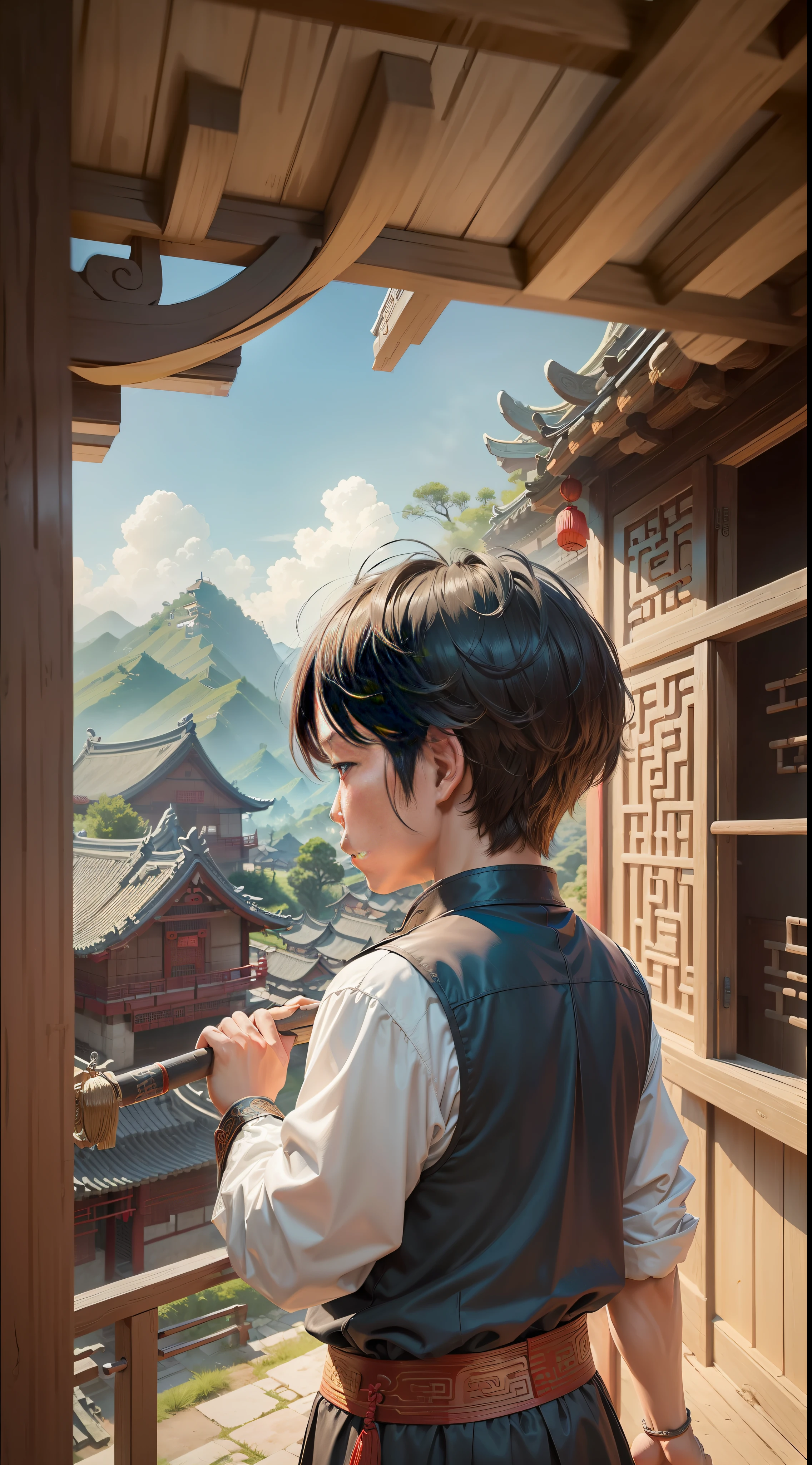 ((Ancient Chinese Countryside + Village + Wuxia Era + Vista): 1.4), (Father + Little Boy: 1.3), Hook Pulling Action, (Concise: + Wuxia and Village Elements Highlights)