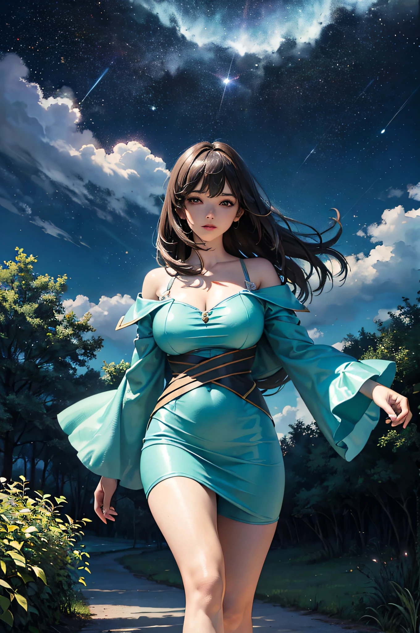 ((surrealism + otherworldliness + hyper-sky scene), 8k, masterpiece, highest quality, full of magic lights, huge crystal tree full body + magic lights perfectly presented, to the highest degree of complex forest details and smooth river surrounding, integrated with the perfect depiction of solar punk, landscape, beautiful green leaves and realistic proportions, just like a real movie background. Clouds and starlight interspersed in the sky, the picture is more dreamy and beautiful. )