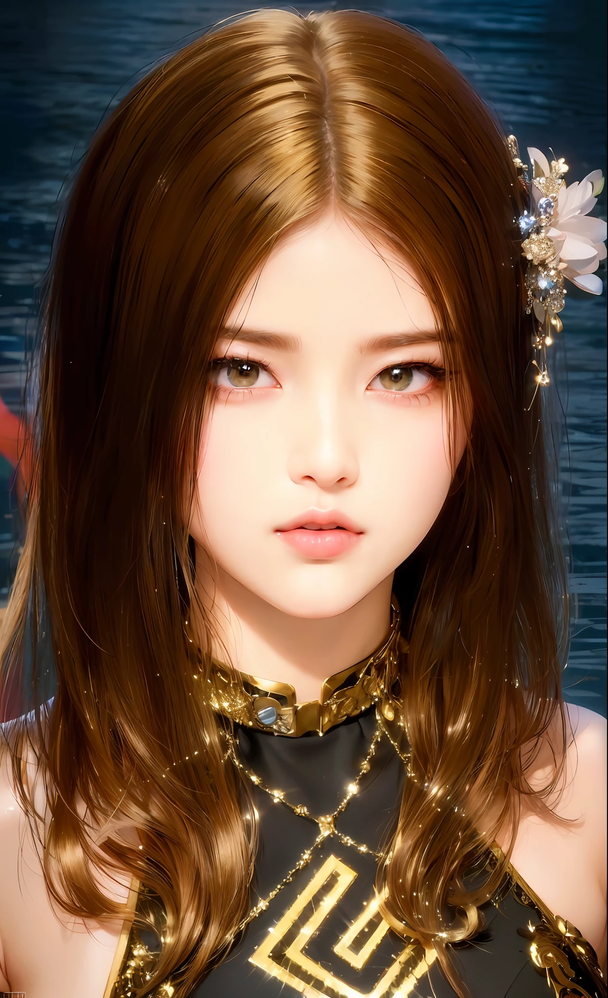 (8k, RAW photo, photorealistic:1.25) ,( lipgloss, eyelashes, gloss-face, glossy skin, best quality, ultra highres, depth of field, chromatic aberration, caustics, Broad lighting, natural shading, Kpop idol) looking at the audience With serenity and goddess-like bliss,