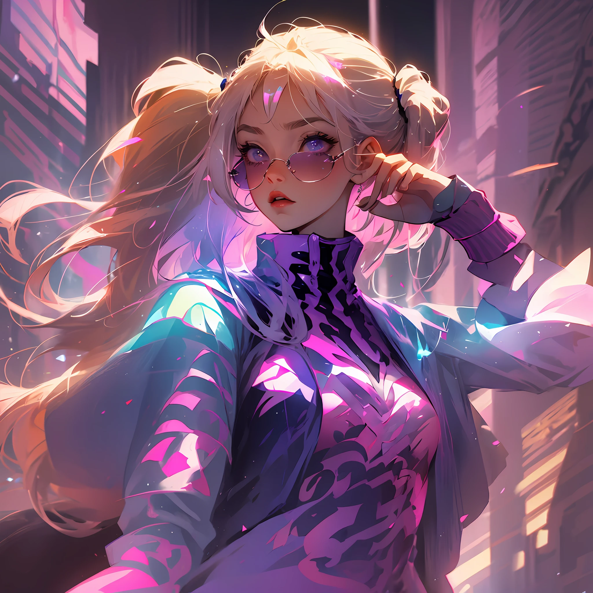Beautiful anime girl with light blonde hair with violet colored eyes under pink blue purple city lights wearing pink sunglasses transparent twirling her hair hair in pigtails --auto --s2
