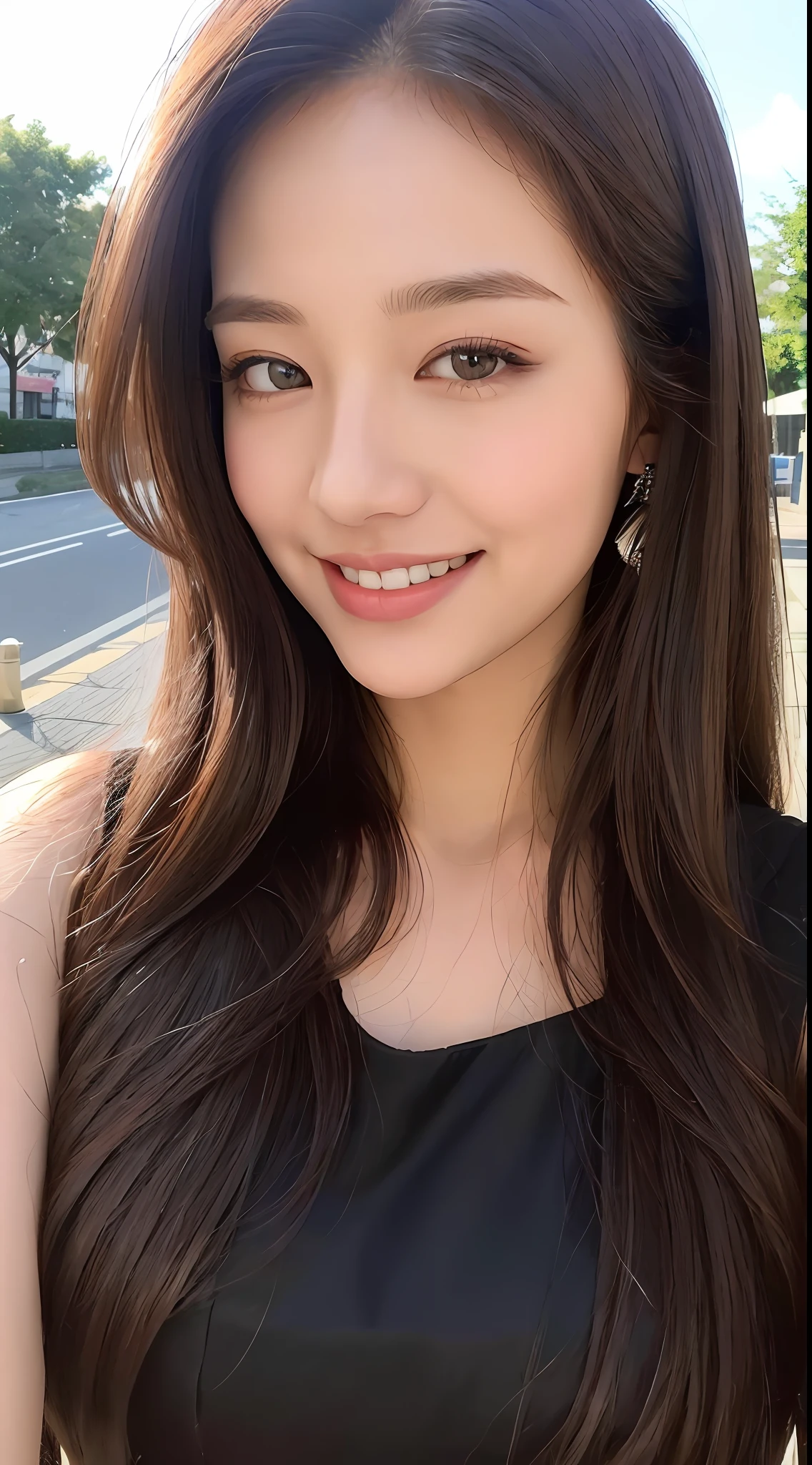 ((Best quality, 8k, Masterpiece :1.3)), 1girl, taking selfie, closeup, smiling, slim face, Pretty woman, (Dark brown hair), full length dress :1.1, Ultra-detailed face, Detailed eyes, Double eyelid, blur background, slim face, city, outside, street, sunny, sky, Nature